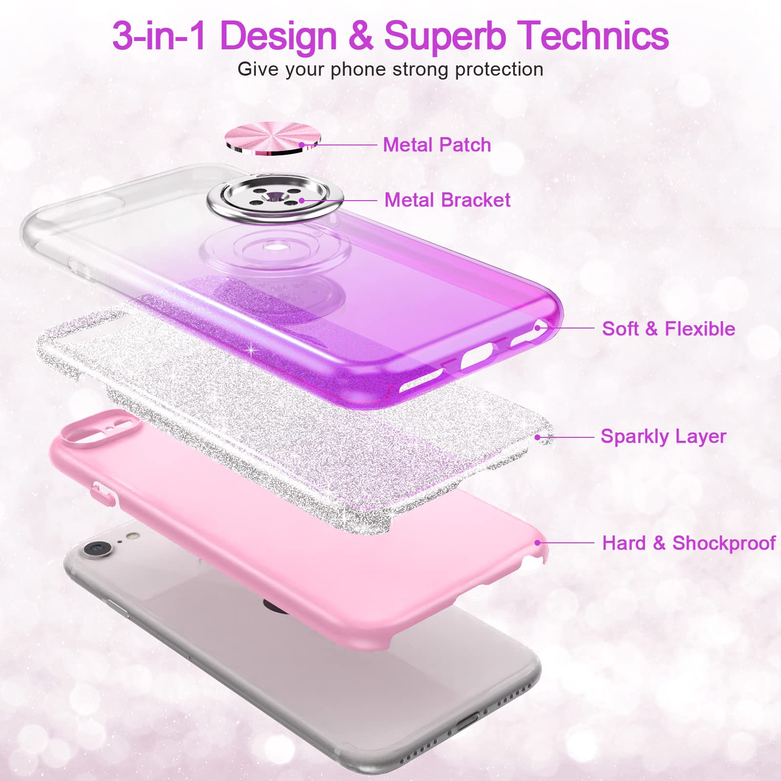 PeeTep iPhone SE 2020/SE 3/8/7 Glitter Phone Case Ring Holder Kickstand Magnetic Mount Shock-Absorbent Purple