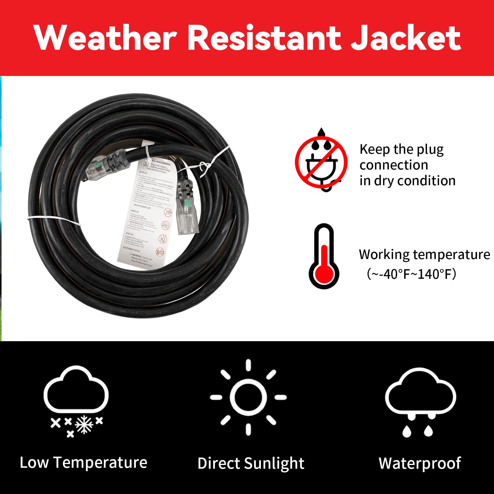 Ep 15 Ft Lighted Outdoor Extension Cord   10/3 Sjtw Heavy Duty Black Extension Cable With 3 Prong Grounded Plug For Safety, Ul L