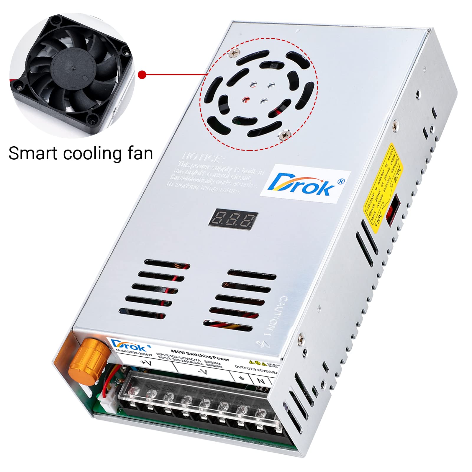 Drok 60V Power Supply, Ac 110V 220V To Dc 0 60V 8A 480W Buck Converter, Adjustable Variable Led Adapter Regulated 5V 12V 24V 30V