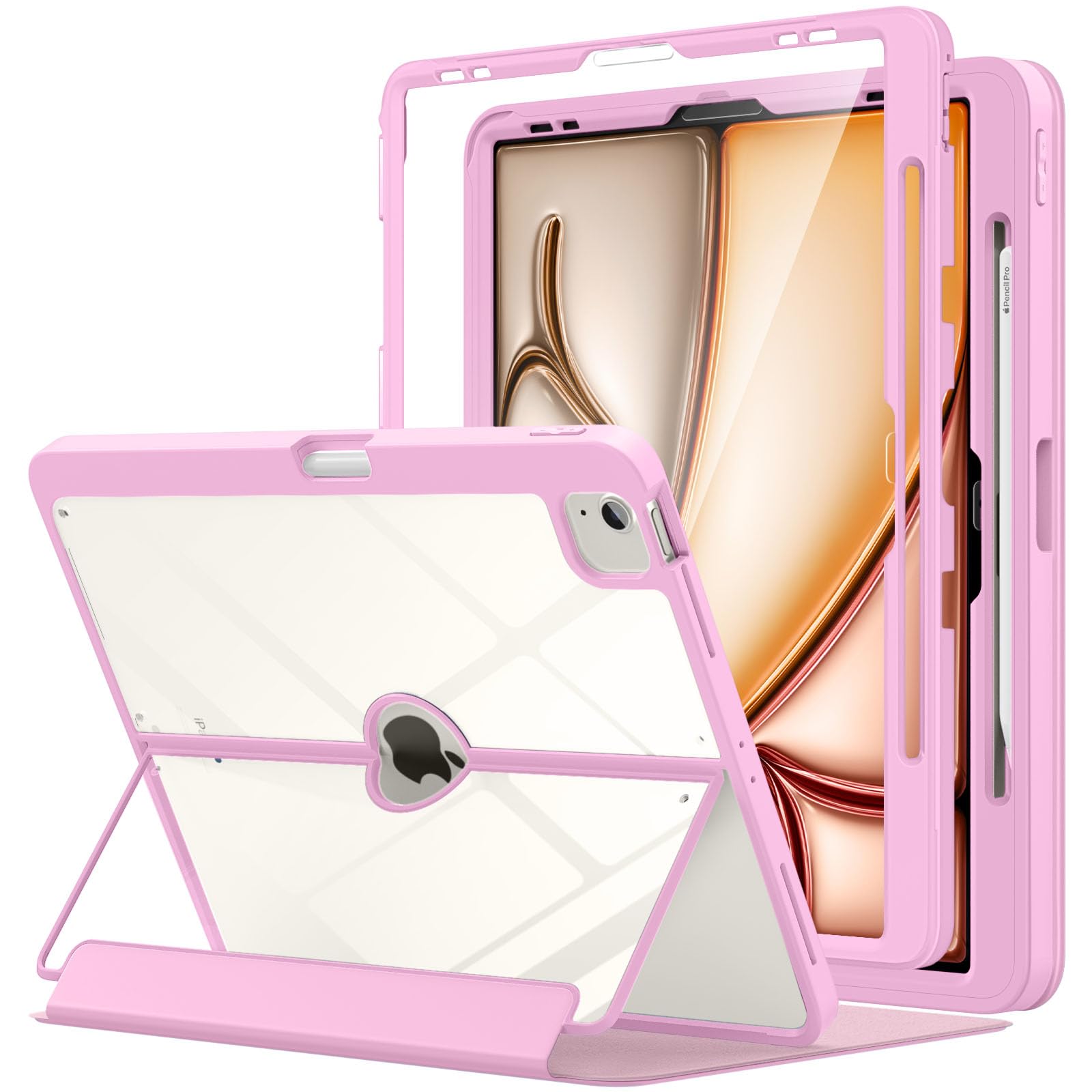 MoKo for iPad Air 13 Inch Case M2 2024 with Pencil Holder, iPad Air 13 Case, [Built in Screen Protector], iPad Air 13' Case with Clear Back & Magnetic Multi Angle Stand Cover, Nosegay Pink