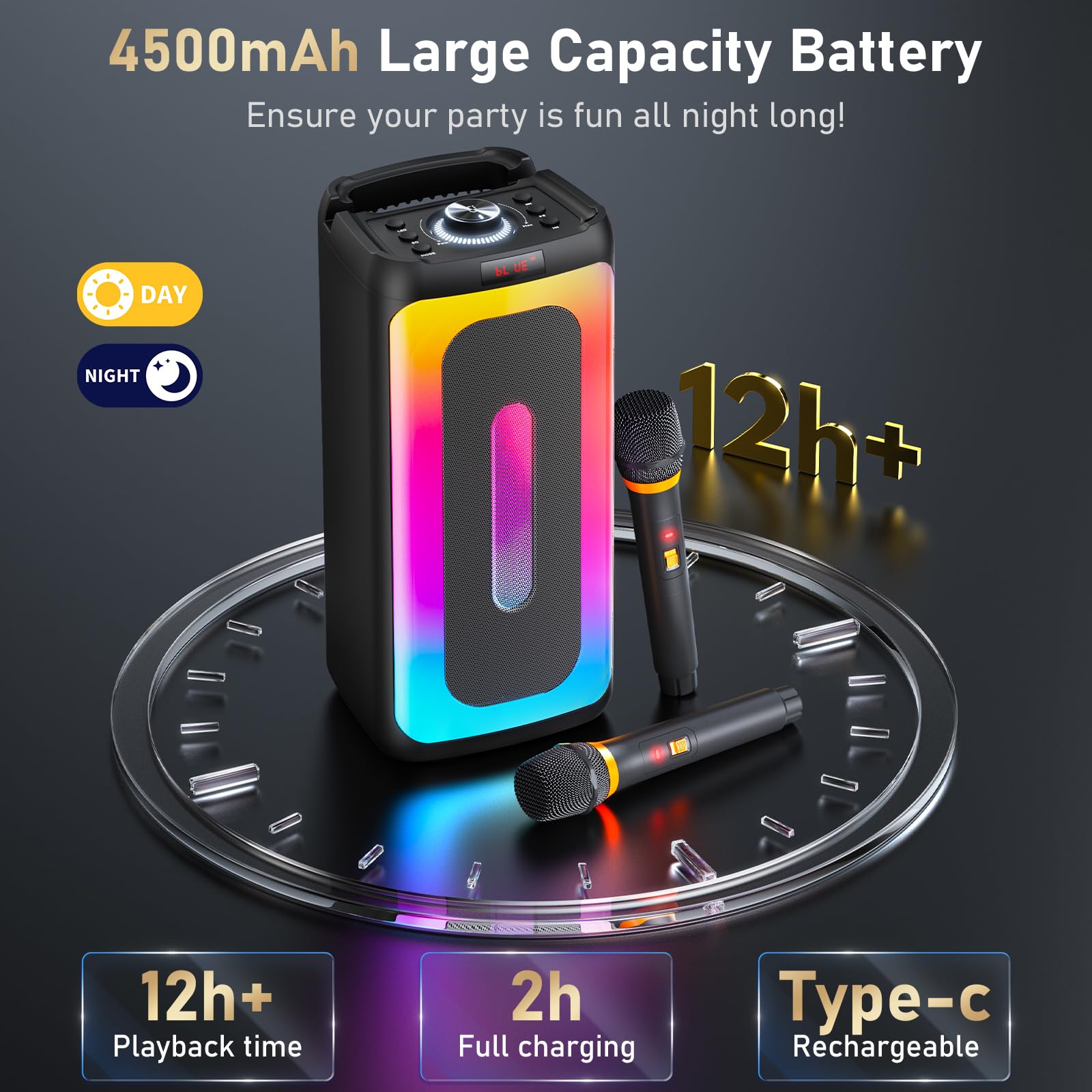 Hwwr Karaoke Machine With 2 Wireless Microphones, Portable Bluetooth Karaoke Speaker For Adults & Kids, Pa System Speaker For Ga