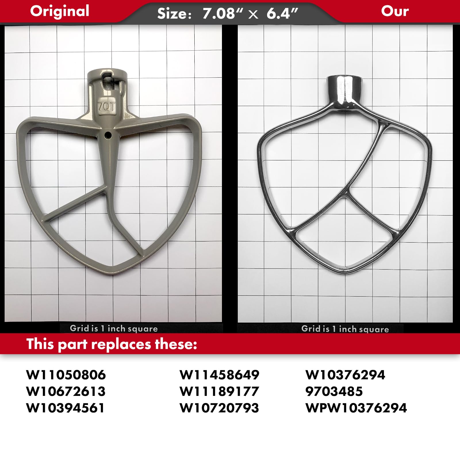 Flat Beater Replacement For Kitchenaid 7/8 Qt. Bowl Lift Stand Mixers/Polished 18/8 Stainless Steel Paddle Accessories/No Coatin