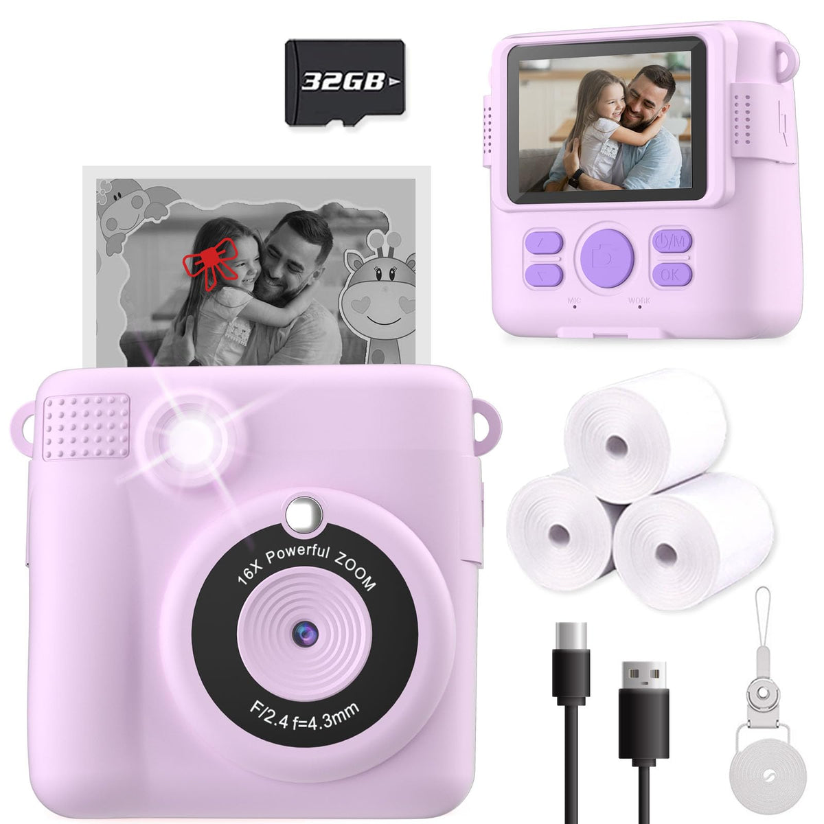 Instant Print Camera For Kids, Christmas Birthday Gifts For Girls Boys, Hd Digital Video Cameras For Toddler, Portable Toy For 4