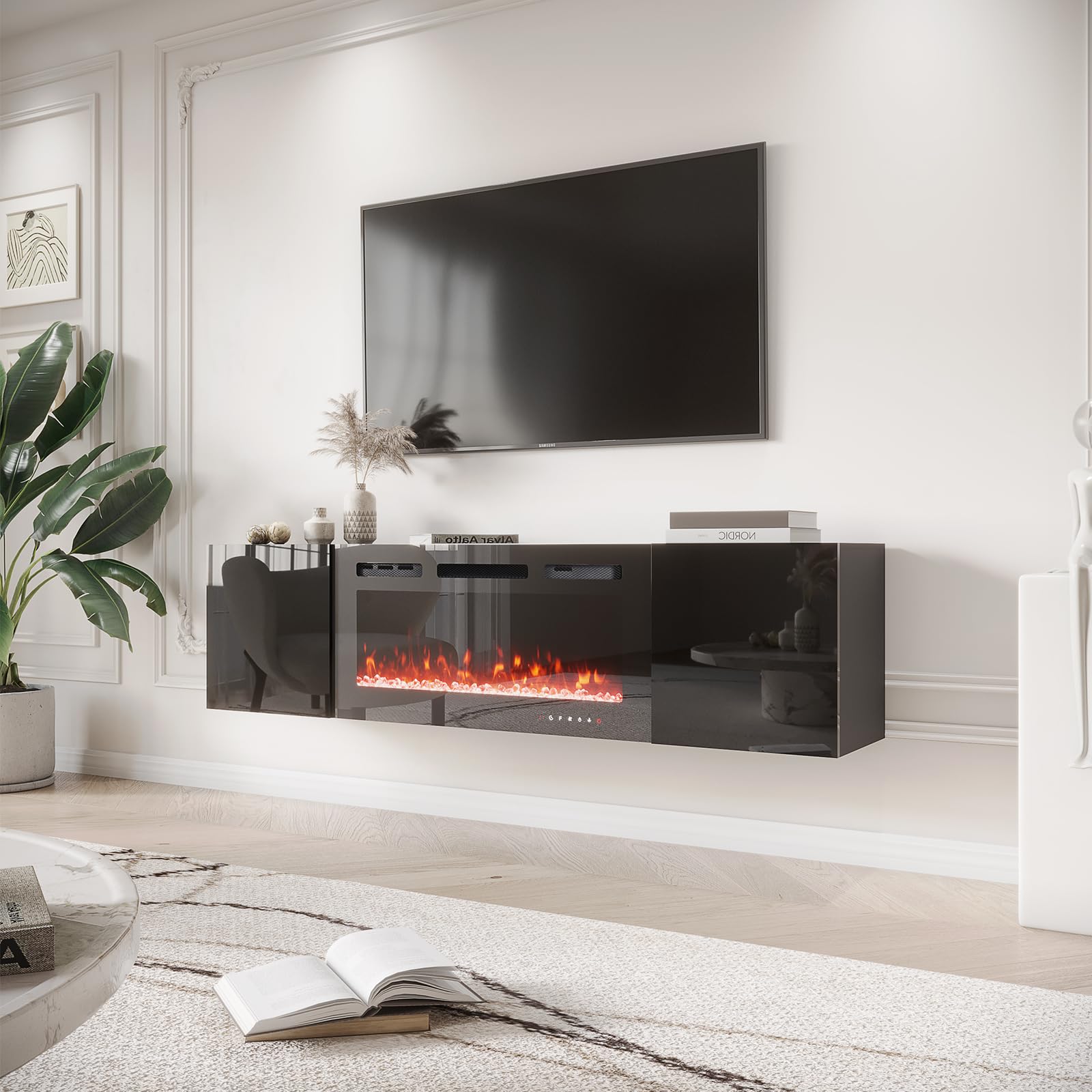 EROMMY 70   Floating TV Stand with 36   Electric Fireplace, High Gloss Finish Entertainment Center with 12 Flame Fireplace I