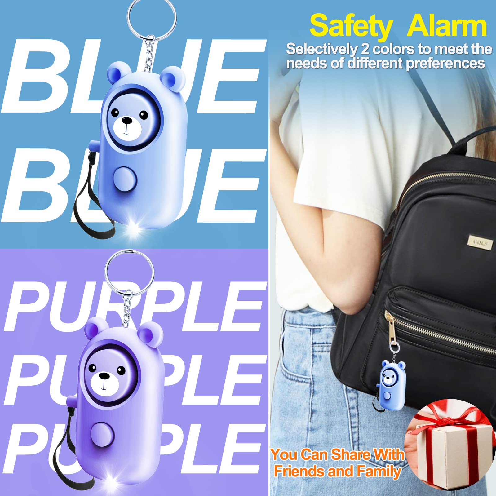 Personal Alarm Safe Sound For Women Kids Elders, 2 Pack Cute 130Db Loud Siren Safety Self Defense With Led Light, Security Keych