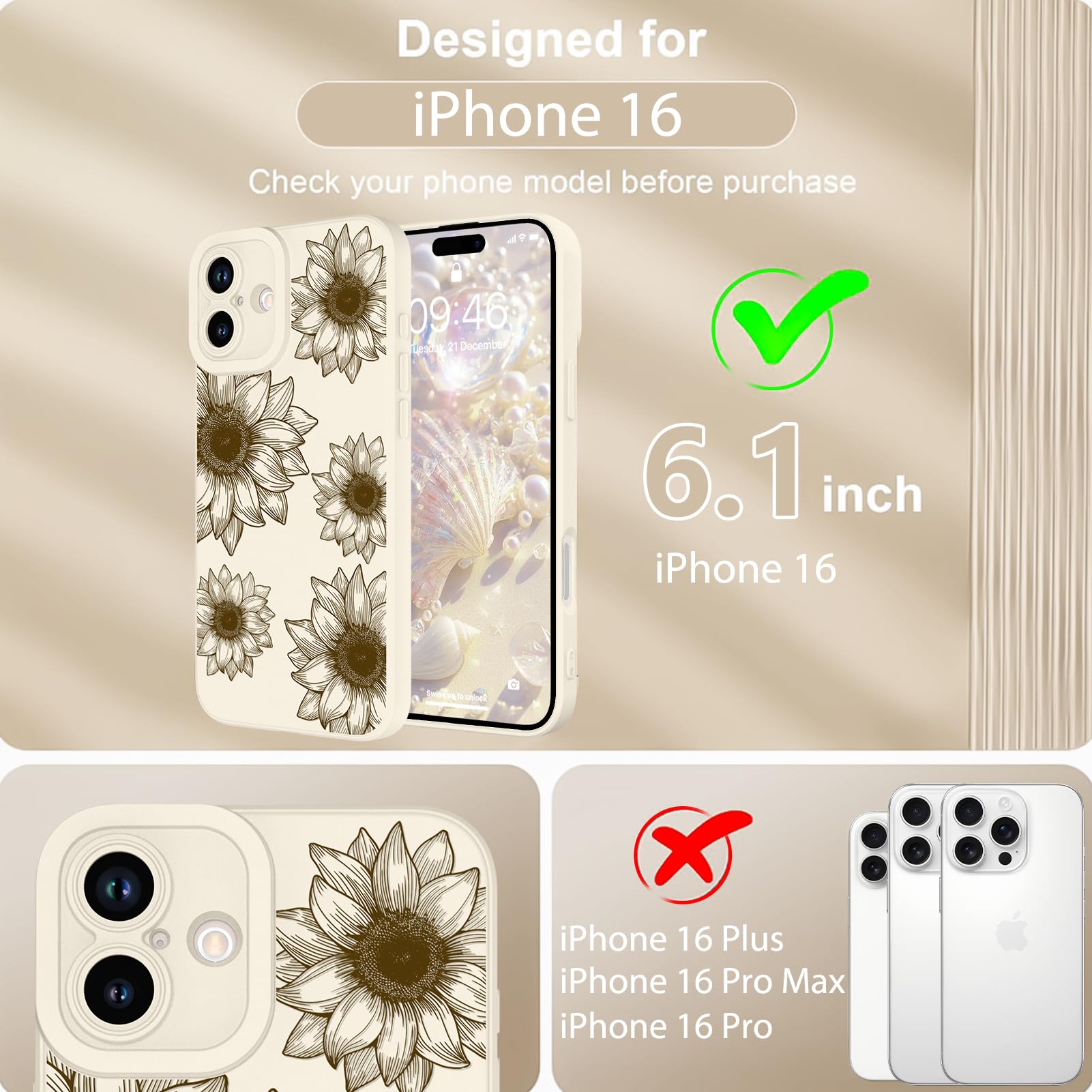 Ook Floral Case For Iphone 16 Case, Cute Sunflower Floral Blooms Design Soft Tpu Shockproof Protective For Women Girls Slim Phon