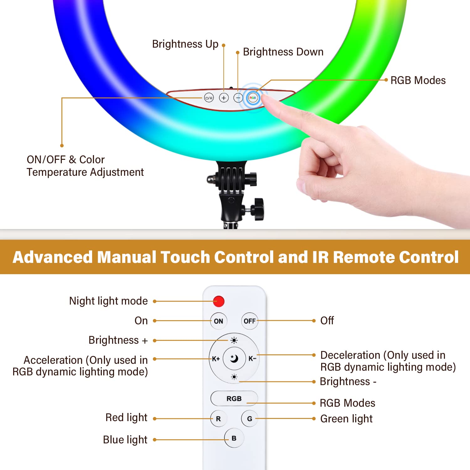 Yesker Ring Light With Tripod Stand And Phone Holder 18 Inch Rgb Ringlight 25 Rgb Modes Bi Color Adjustable 2700 7000K Led Selfi