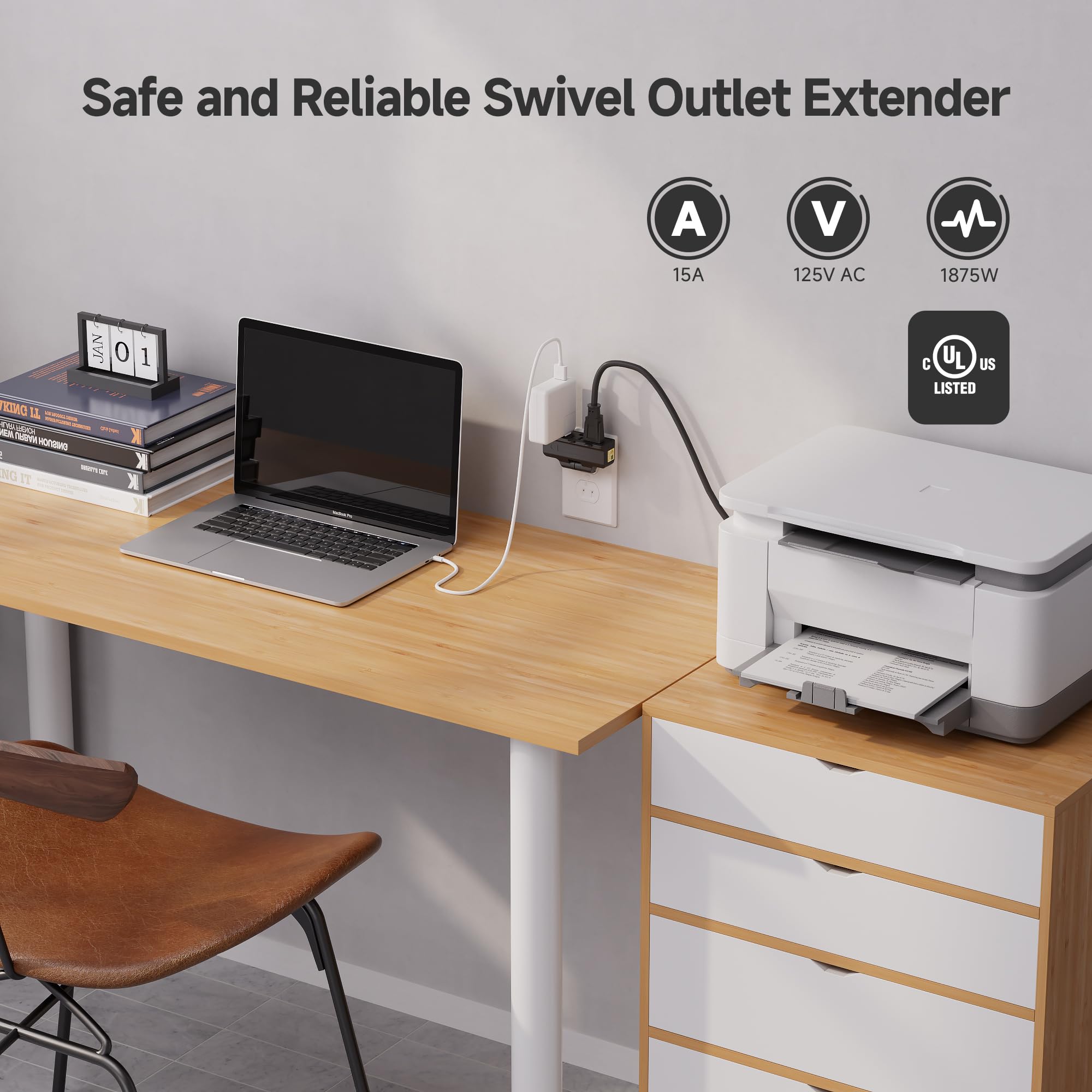 [Ul Listed] Cable Matters 2 Pack 3 Outlet Grounded 180 Degree Swivel Wall Tap, 3 Plug Wall Adapter, Multi Plug Outlets, Black