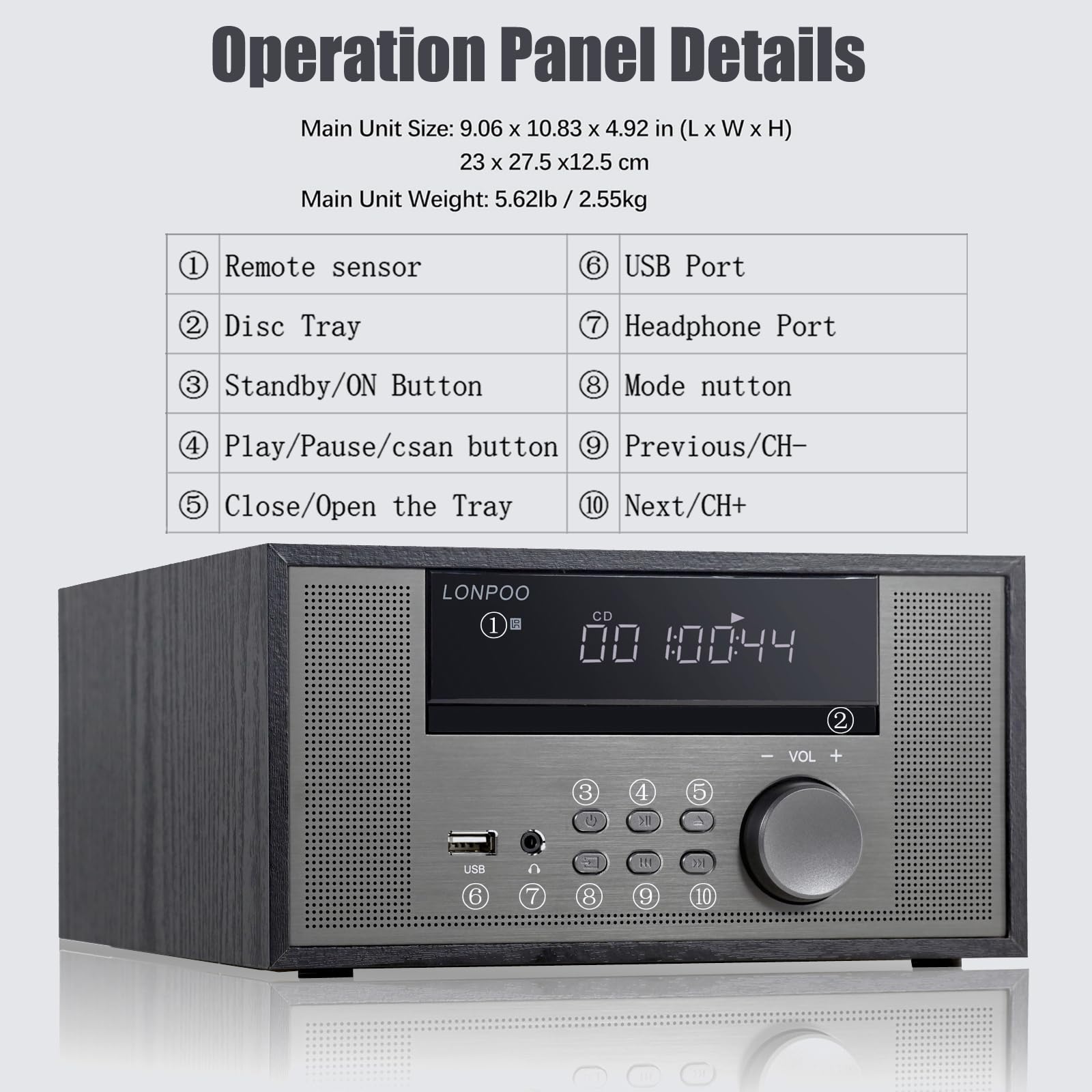 Home Cd Stereo Shelf System,100W Hi Fi Bookshelf Speskers System (Cd Player, Fm Radio, Wireless Bluetooth, Usb Playback, Aux, He