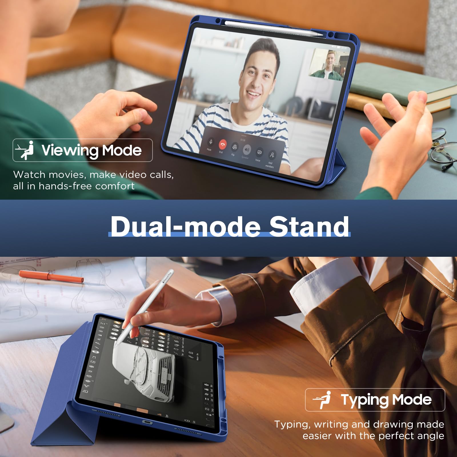 MoKo for iPad Air 13 Inch Case M2 2024/ iPad Pro 12.9 Case (6th/5th Gen 2022/2021) with Pencil Holder, Smart Protective Cover for iPad Air 13 inch with Back Trifold Stand, Auto Wake/Sleep, Navy Blue