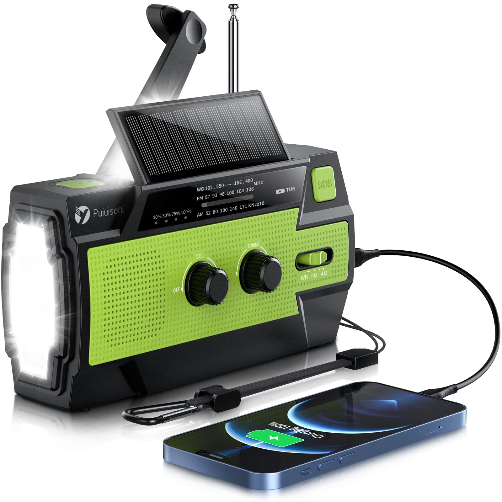 Emergency Radio,Puiuisoul 4000Mah Weather Radios With Hand Crank & Solar Charging,3 Gear Led Flashlight,Sos Alarm, Portable Powe