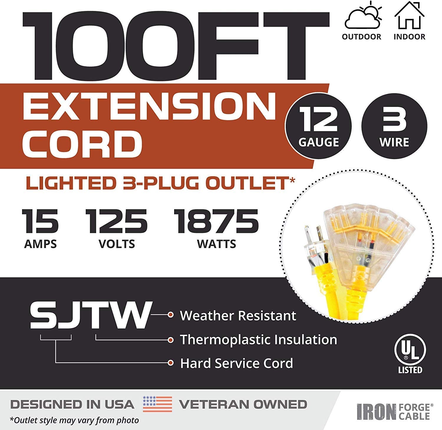 Iron Forge Cable 100Ft Outdoor Extension Cord, Lighted With 3 Electrical Power Outlets   12/3 Gauge Sjtw Heavy Duty Extension Ca
