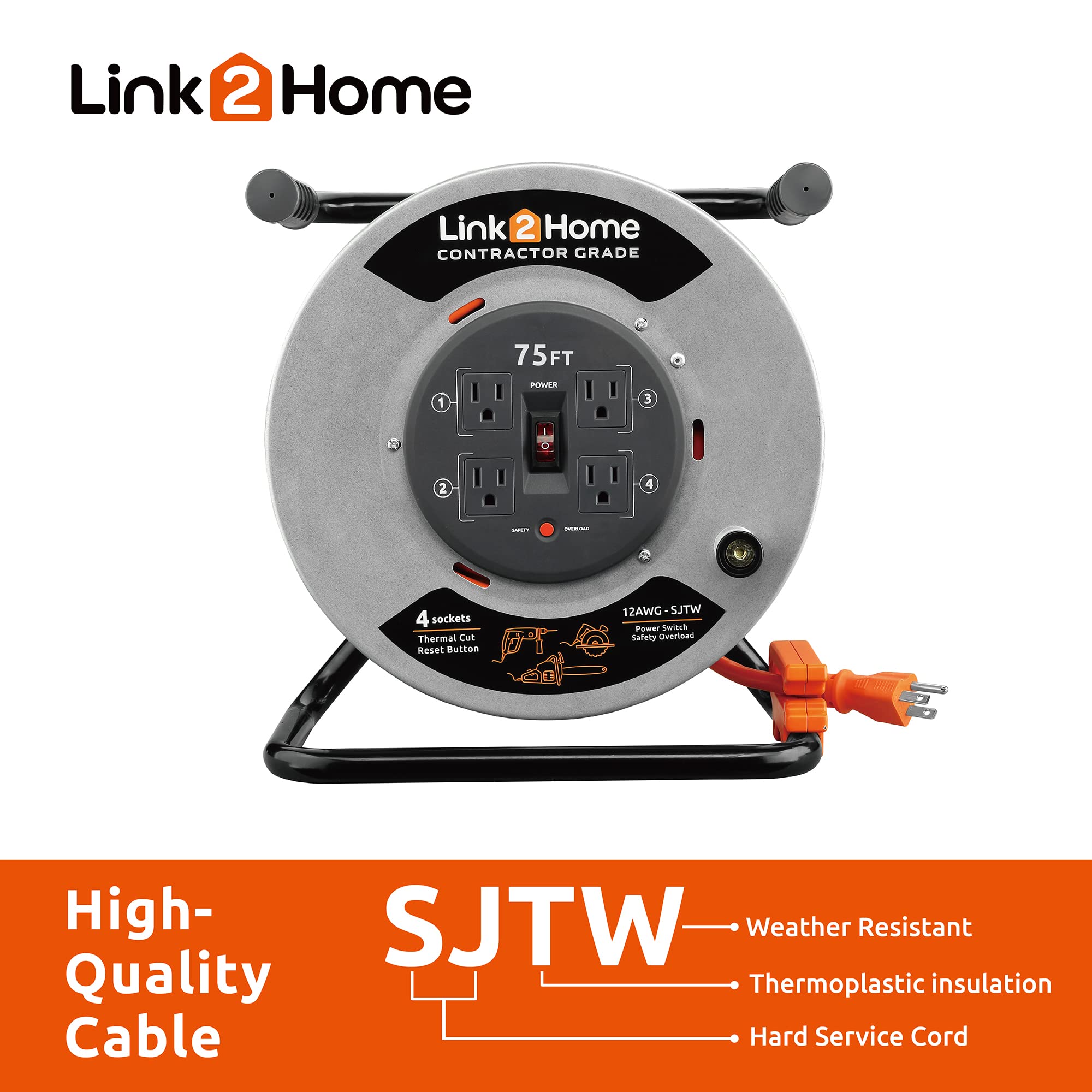 Link2Home Contractor Grade Retractable Extension Cord Reel 75 Ft. With 4 Outlets & Heavy Duty/High Visibility 3 Prong Sjtw Cord