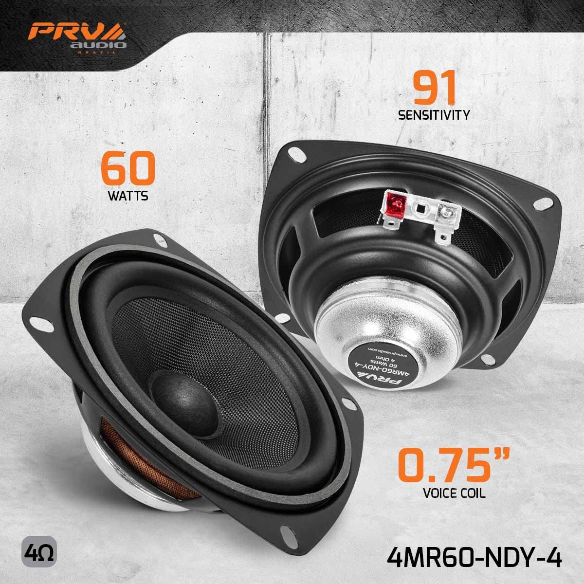 PRV AUDIO 4" Full-Range Neodymium Speaker 4MR60-NDY-4 - 60W, 4 Ohm, Stamped Steel, Compact, High Fidelity Sound