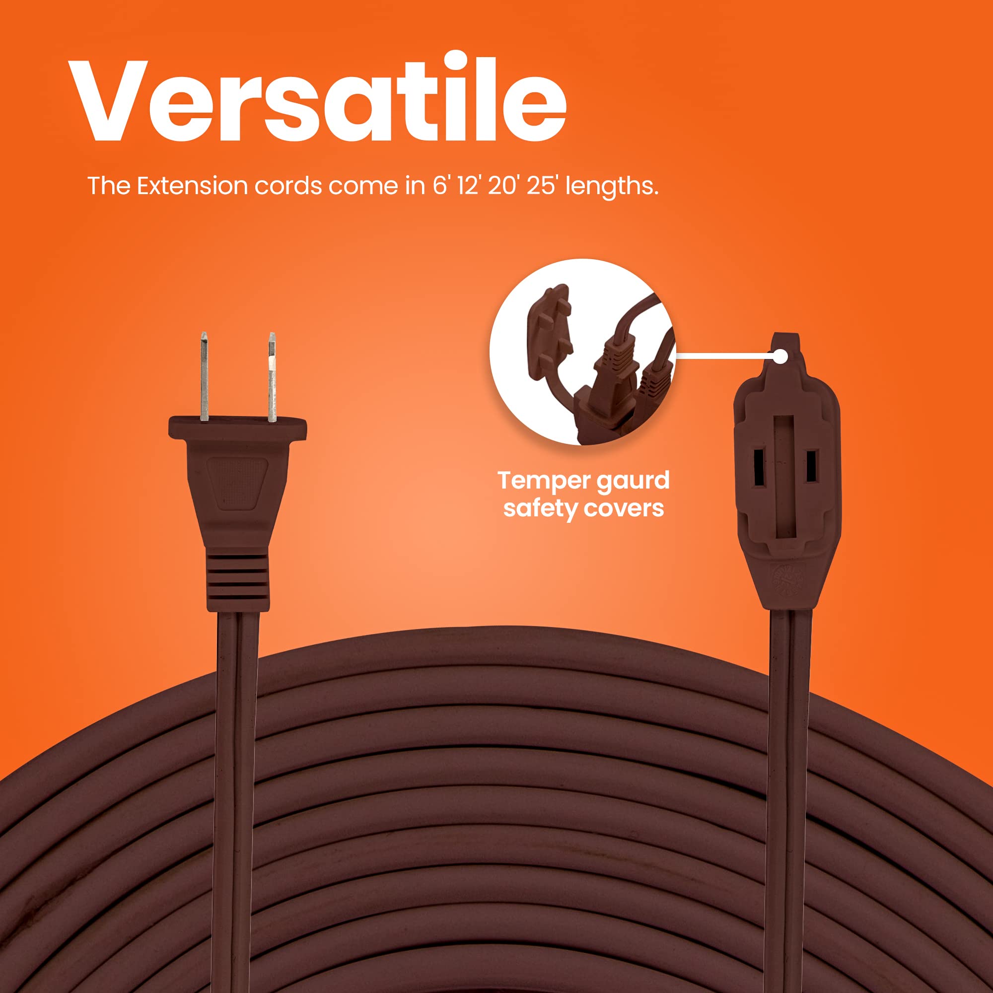 [Ul Listed] 4 Feet Brown Extension Cord, 3 Outlet, 2 Prong, 16 Gauge Cable, 3 Receptacle Cube Tap, Indoor Use, (2 Pack)   By Rev