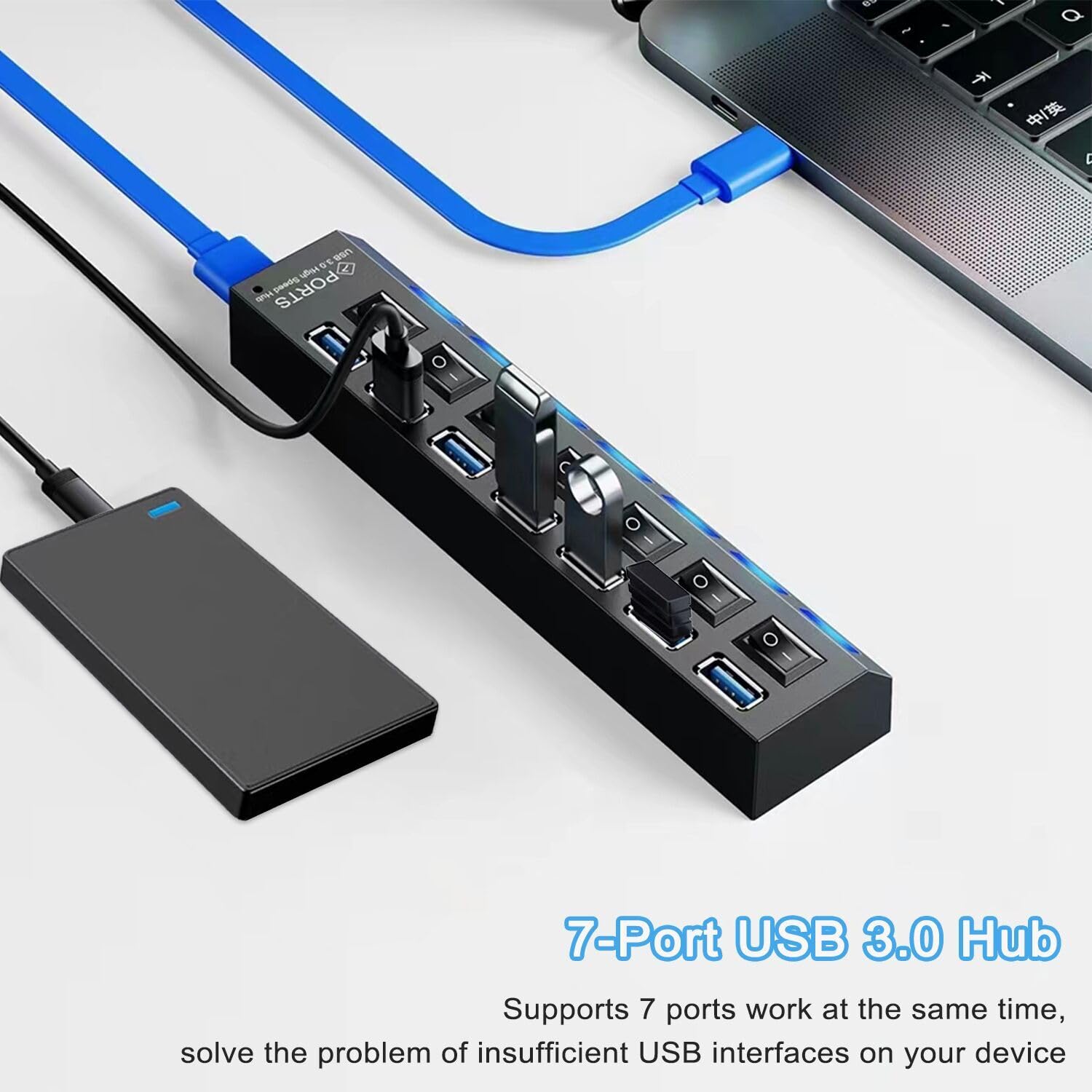 Usb Hub 3.0, Vienon 7-Port Usb Extender Usb Splitter With Independent Led Switches Multi Usb Port Hub For Laptop, Pc, Macbook, M