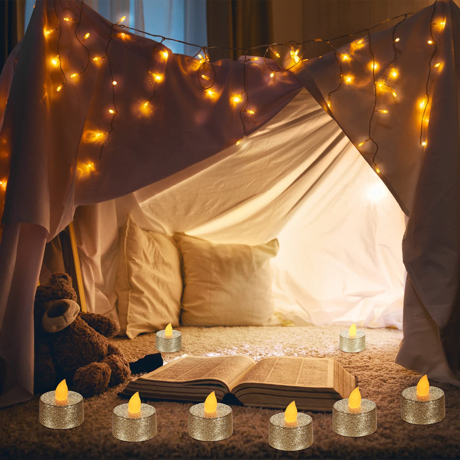 Mudder 24 Pieces Gold Tea Lights Led Candles Tealights Flameless Votive Battery Operated Tea Lights Electric Glitter Tealight Fo