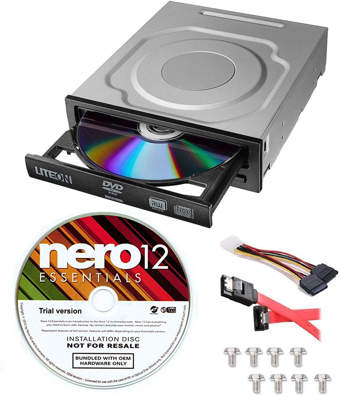 Lite On 24X Sata Internal Dvd+/ Rw Drive Optical Drive Ihas124 14 + Nero 12 Essentials Burning Software + Sata Cable Kit