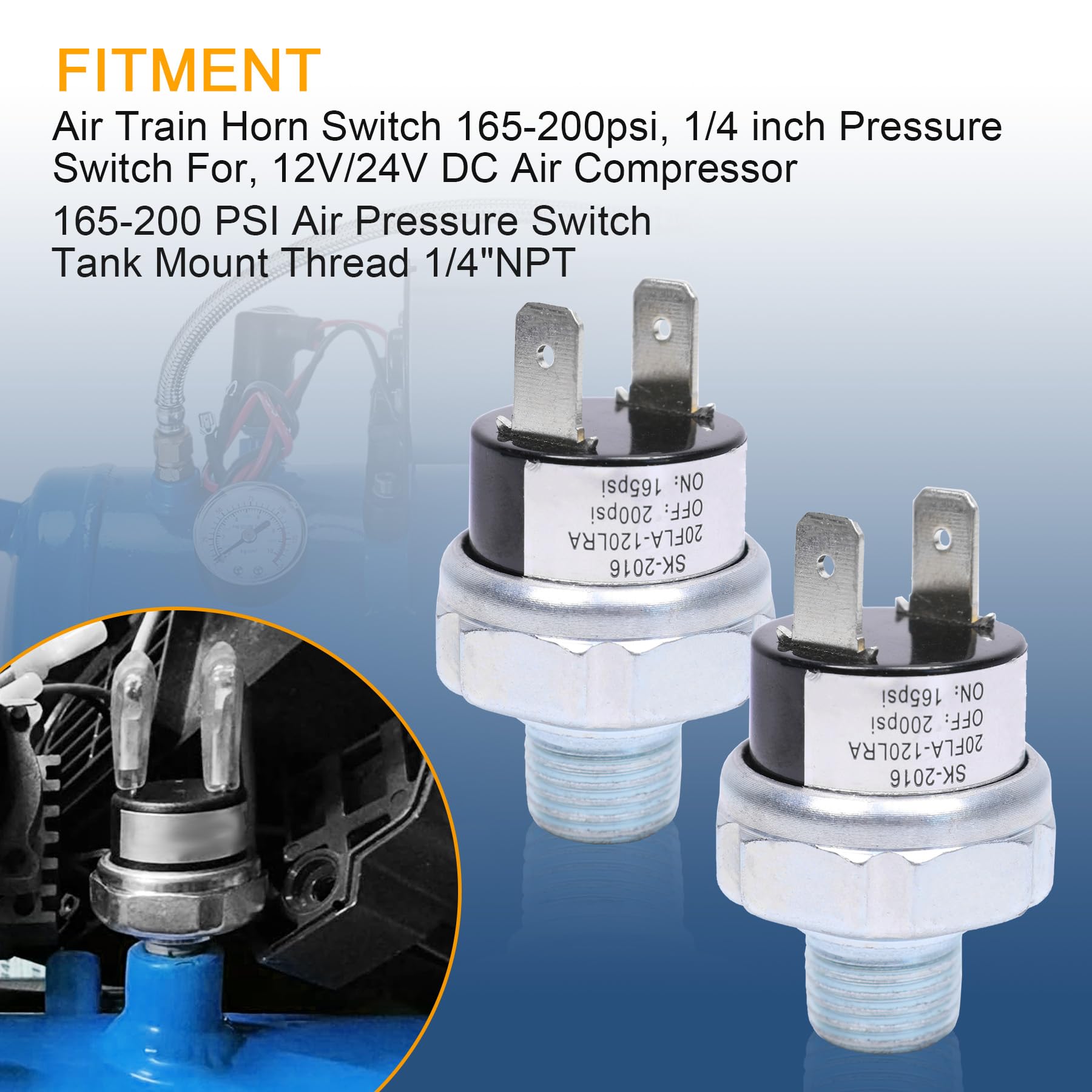 2Pcs 165 200Psi Air Pressure Switch Tank Mount Thread 1/4'' Npt 12V/24V Dc 165 200 Psi Air Train Horn Compressor Tank Pressure C