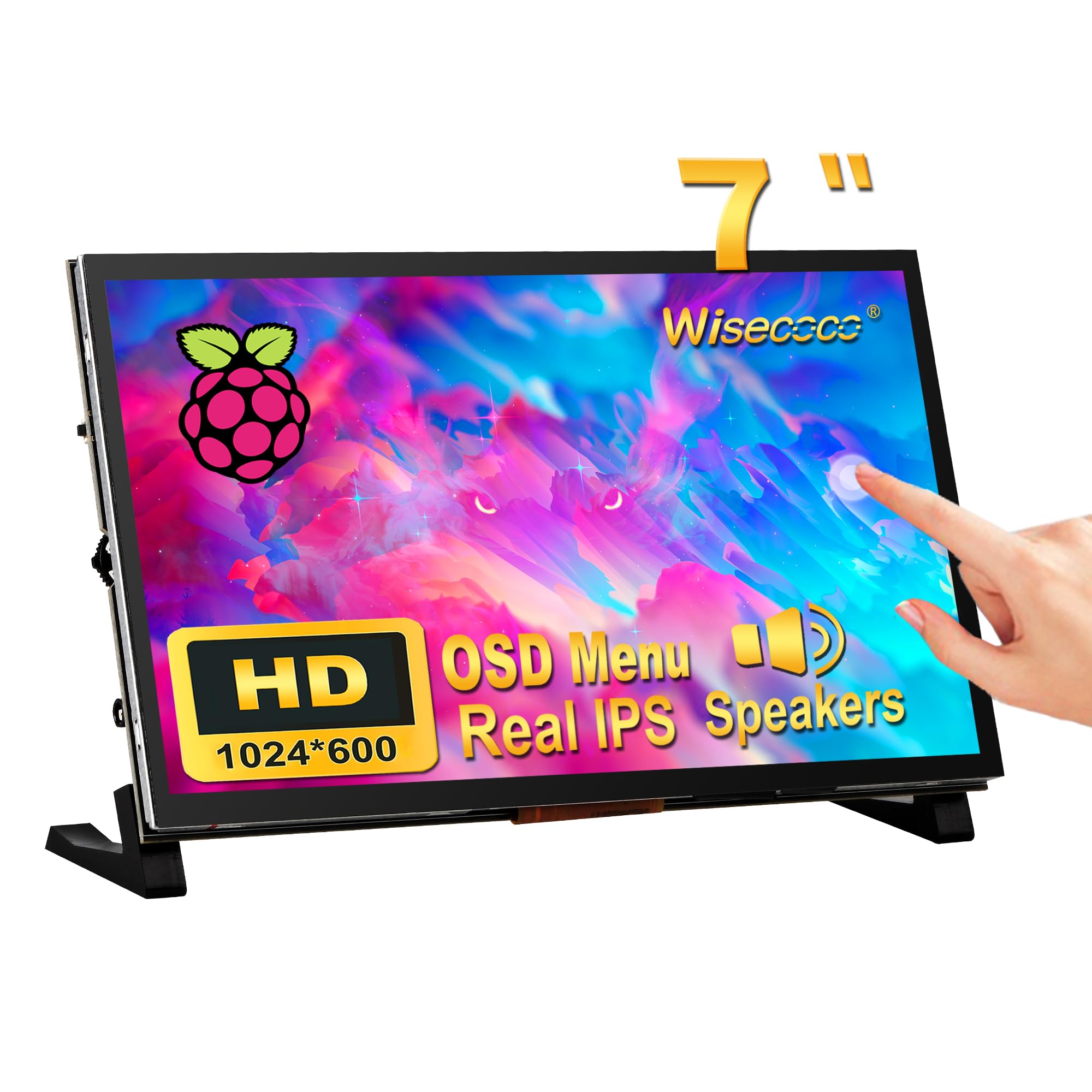 Wisecoco 7 Inch Lcd Touch Screen For Raspberry Pi Portable Monitor Ips 1024 * 600 No Cable Needed Dual Speaker With Osd Hdmi Tou