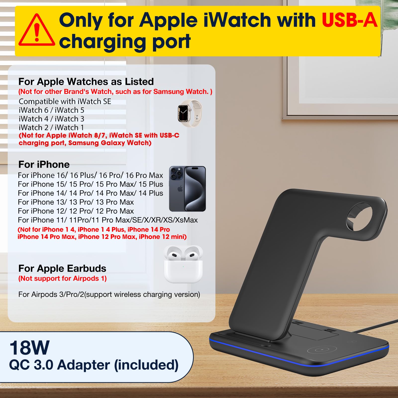 Wireless Charging Station, 3 In 1 Wireless Charger Compatible With Iphone 15/14/13/12/12 Pro, Fit For Iwatch Apple Watch 6/5/4/3