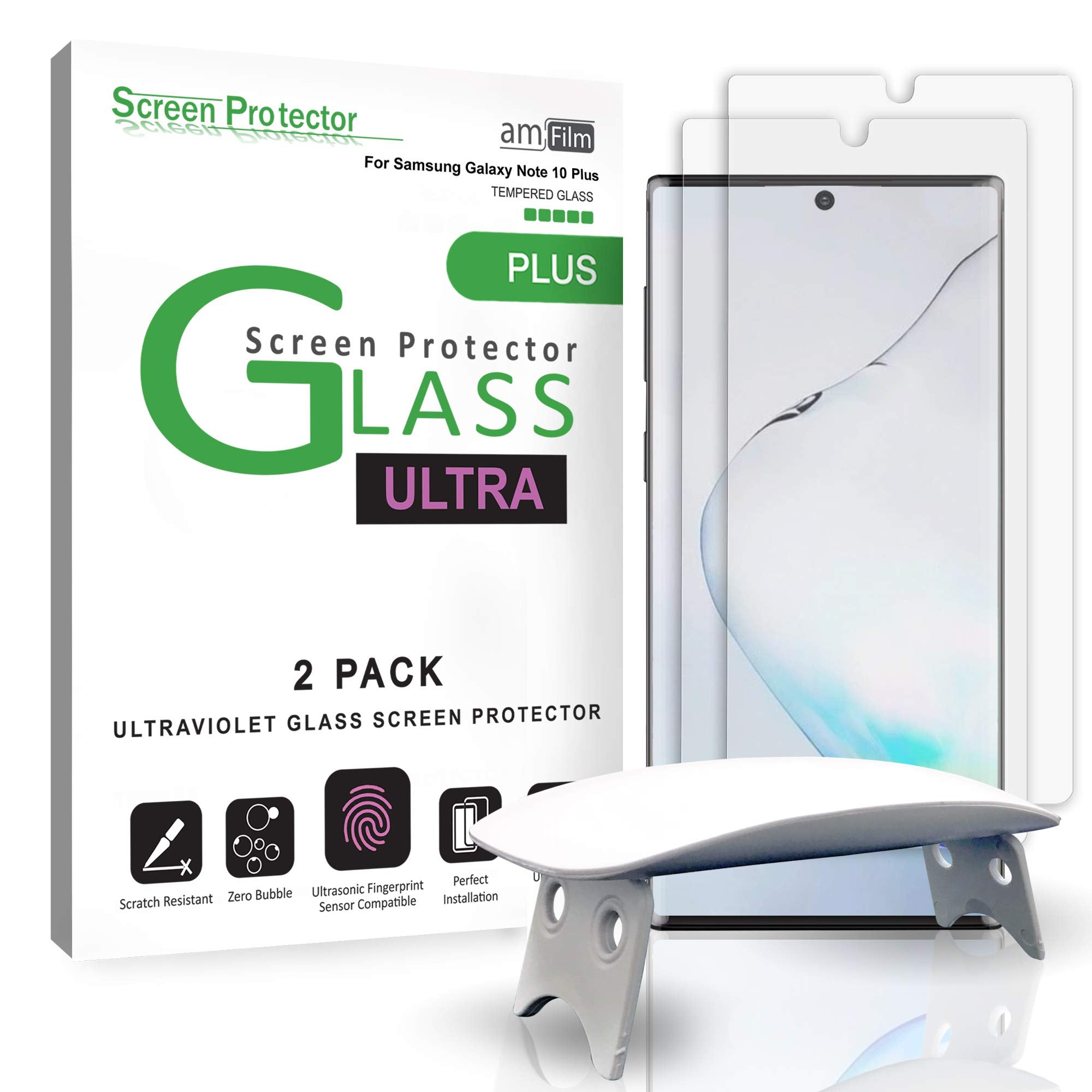 Amfilm Ultra Glass Screen Protector For Samsung Galaxy Note 10 Plus, Uv Gel Application, Compatible With Ultrasonic Fingerprint