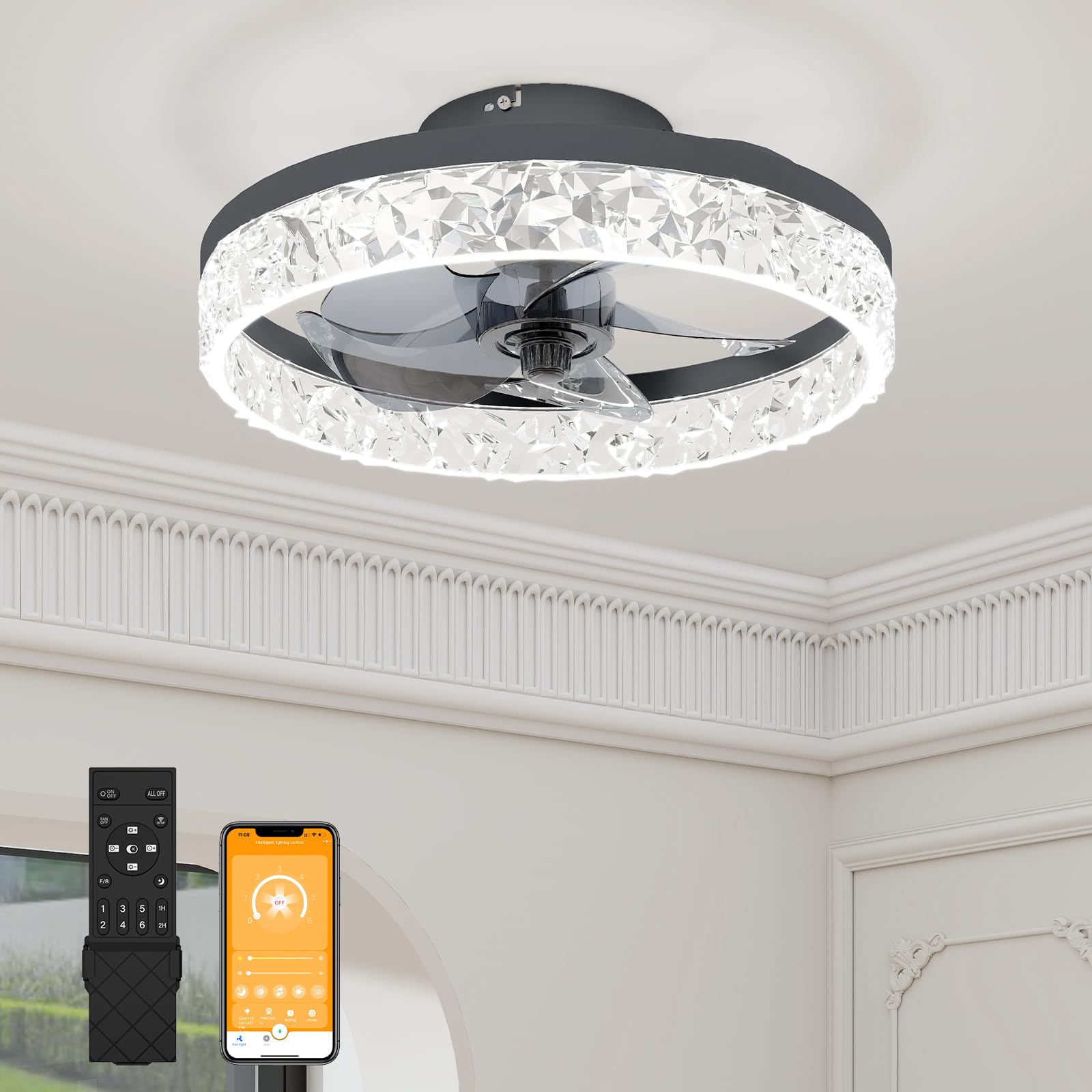 VOLISUN Fandelier Ceiling Fans with Light, 15.7in Low Profile Ceiling Fan with Light and Remote, 3000K-6500K Dimmable Bladeless 