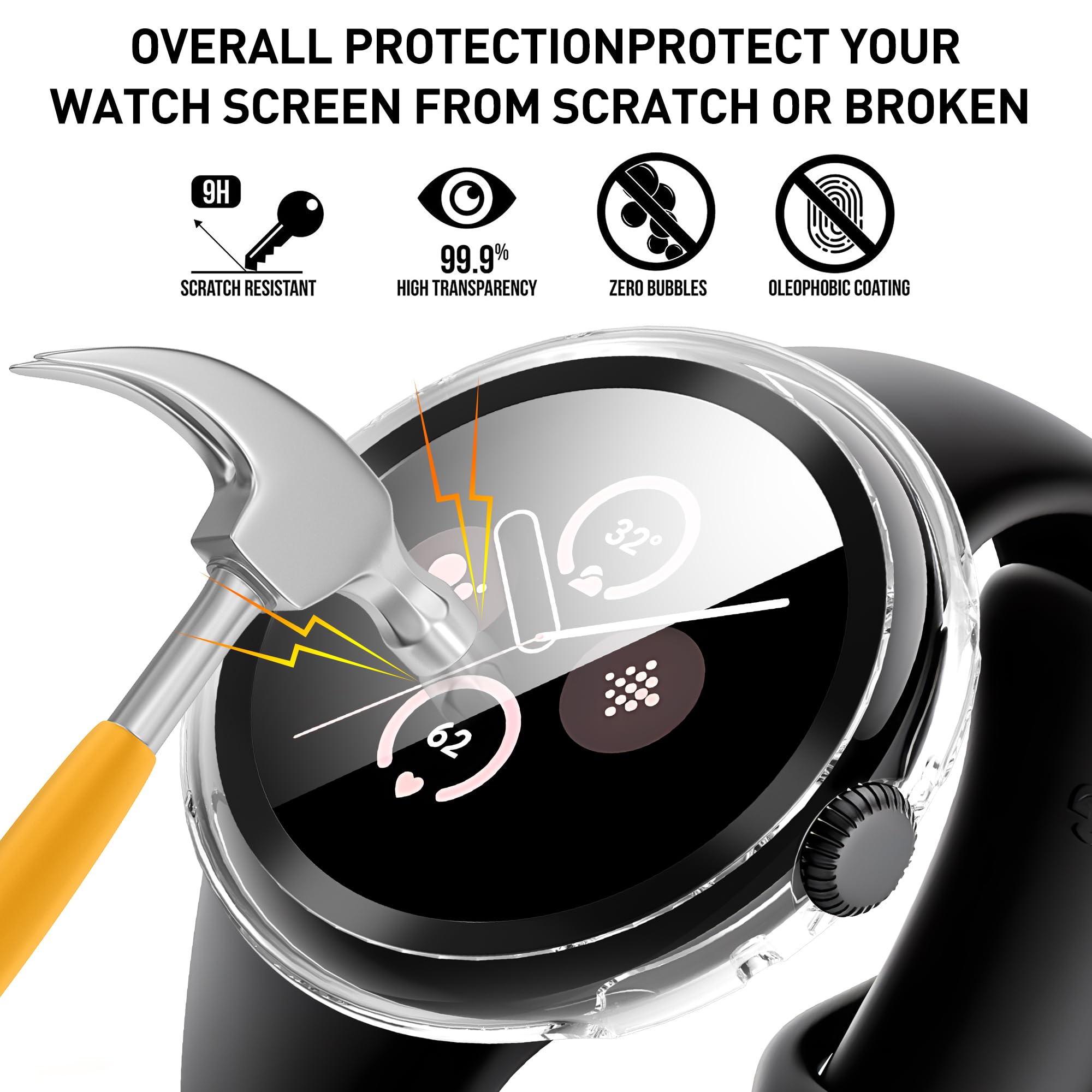 Suoman 3 Pack For Google Pixel Watch 3/Pixel Watch 2/Pixel Watch 41Mm Screen Protector Case, Tempered Glass Screen Protector+All