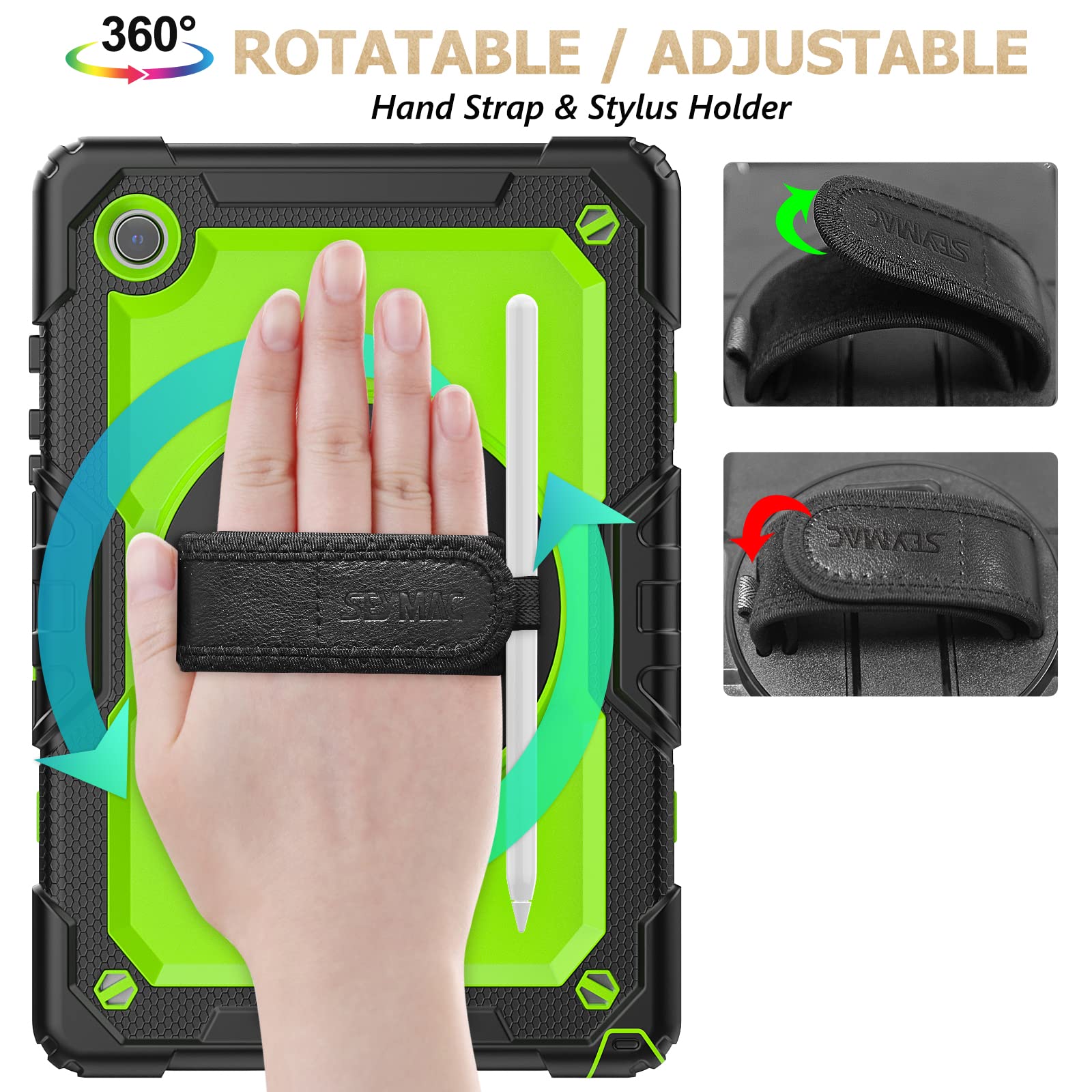 Seymac Stock 360 Hand Strap Shockproof Case For Samsung Galaxy Tab A8 10.5 Inch, Green+Black