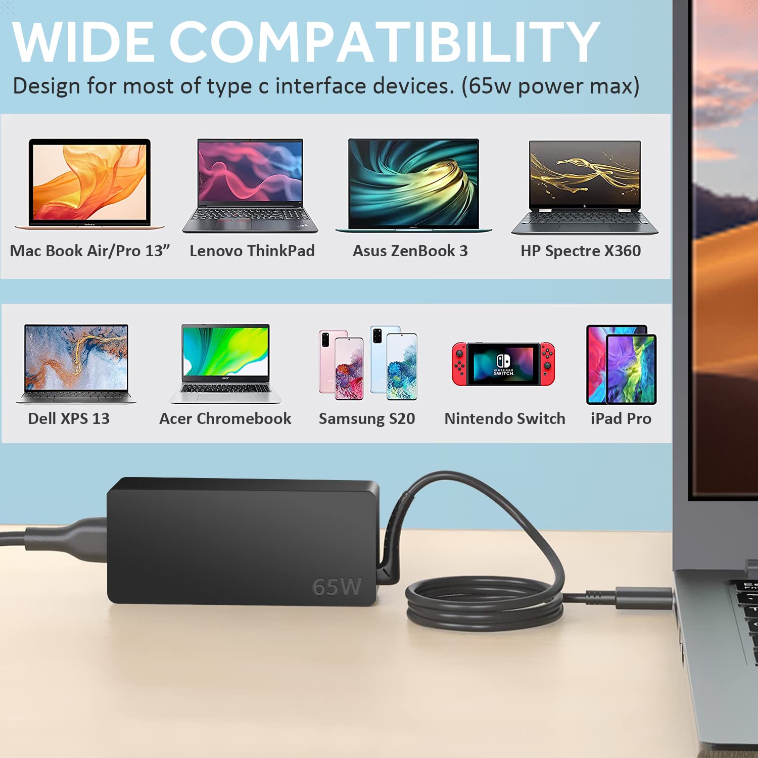 65W Usb C Charger For Samsung Galaxy Book Charger, Galaxy Book Pro 360 Np935Qdc Np950Qdb Np930Xdb Np930Qdb Np950Xdb 15.6' 13.3' Laptop Lenovo Thinkpad Lg Dell Hp Acer Type C Power Supply Cord