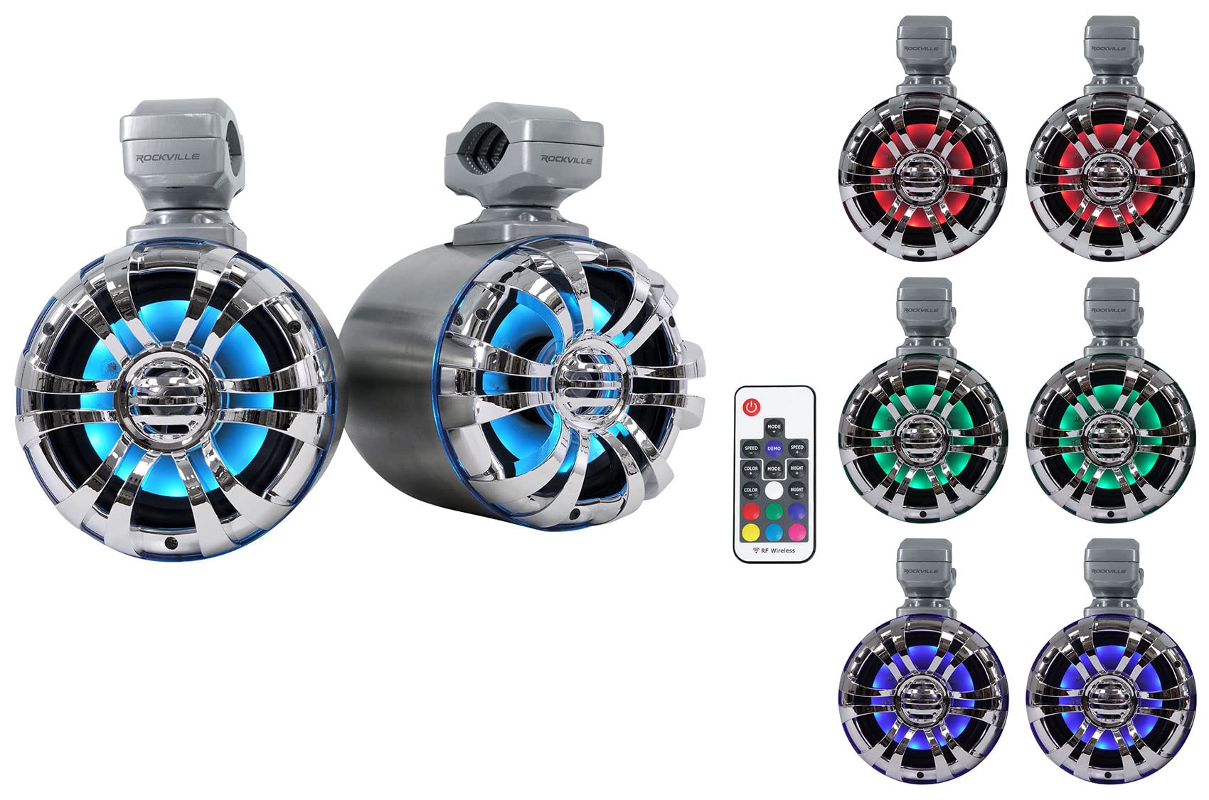 Rockville WB50KLS (Pair) Silver 5.25 250W Stainless Steel Marine Wakeboard Tower Speakers 360 Swivel Mount w/LED Lights Waterpro