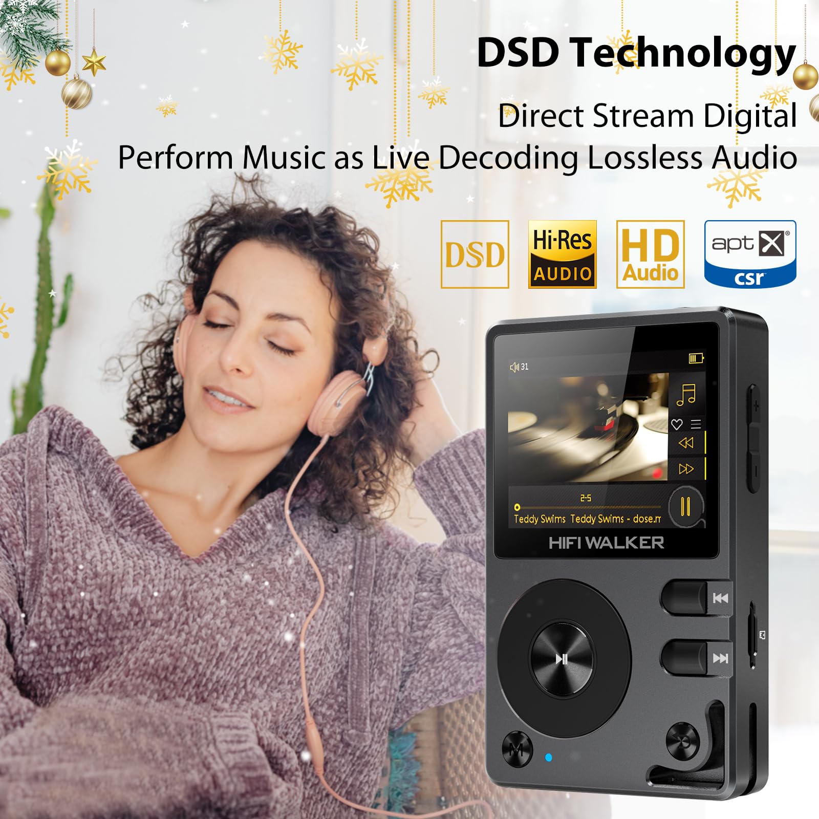 Hifi Walker H2 Hifi Mp3 Player With Bluetooth, Lossless Dsd Dac Flac, High Resolution Music Player, Portable Audio Player With 6