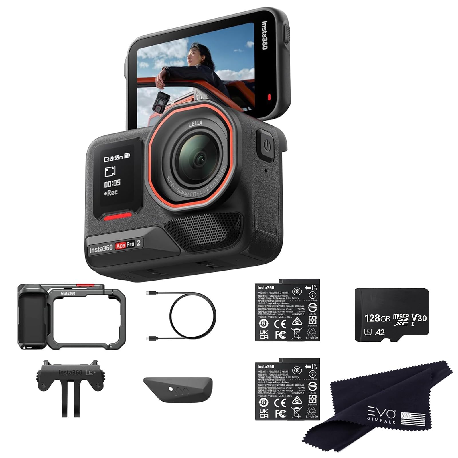 Insta360 Ace Pro 2 Dual Battery Xplorer Bundle with 128GB Card- 8K Waterproof Action Camera Co-Engineered with Leica, Flagship 1