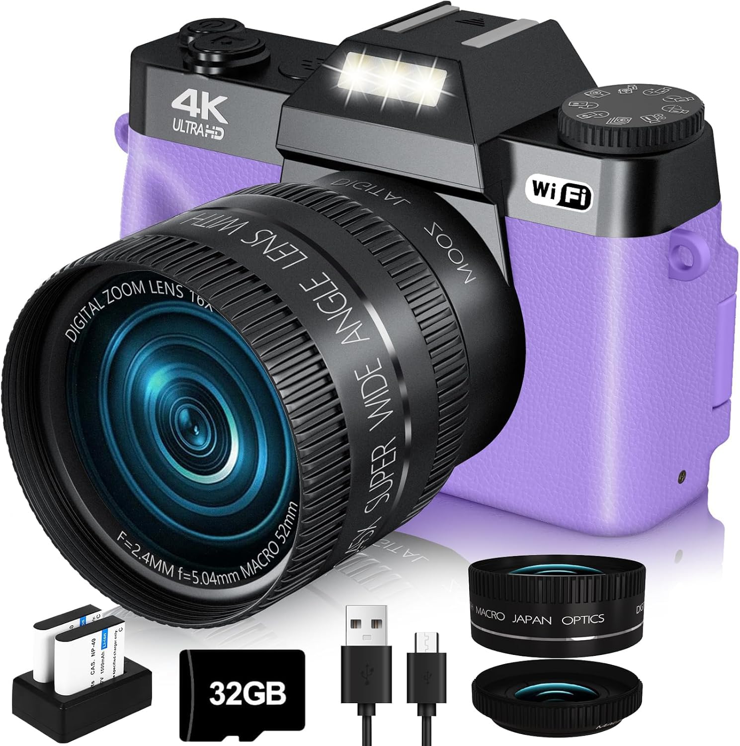 2024 Upgrade Vjianger Digital Camera For Photography 4K 56Mp Vlogging Camera For Youtube With Wifi, 180� Flip Screen, 16X Digital Zoom, 52Mm Lens, 2 Batteries, 32Gb Micro Sd Card(Purple)