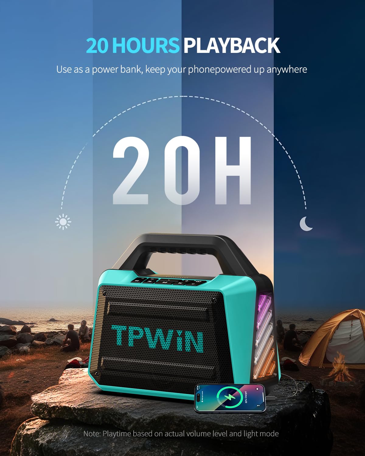 Tpwin Powerful 80W Outdoor Bluetooth Speaker: Ipx6 Waterproof, Rugged, 20H Playtime, Deep Bass, Lightshow, Tws, Bt 5.3 Wireless,