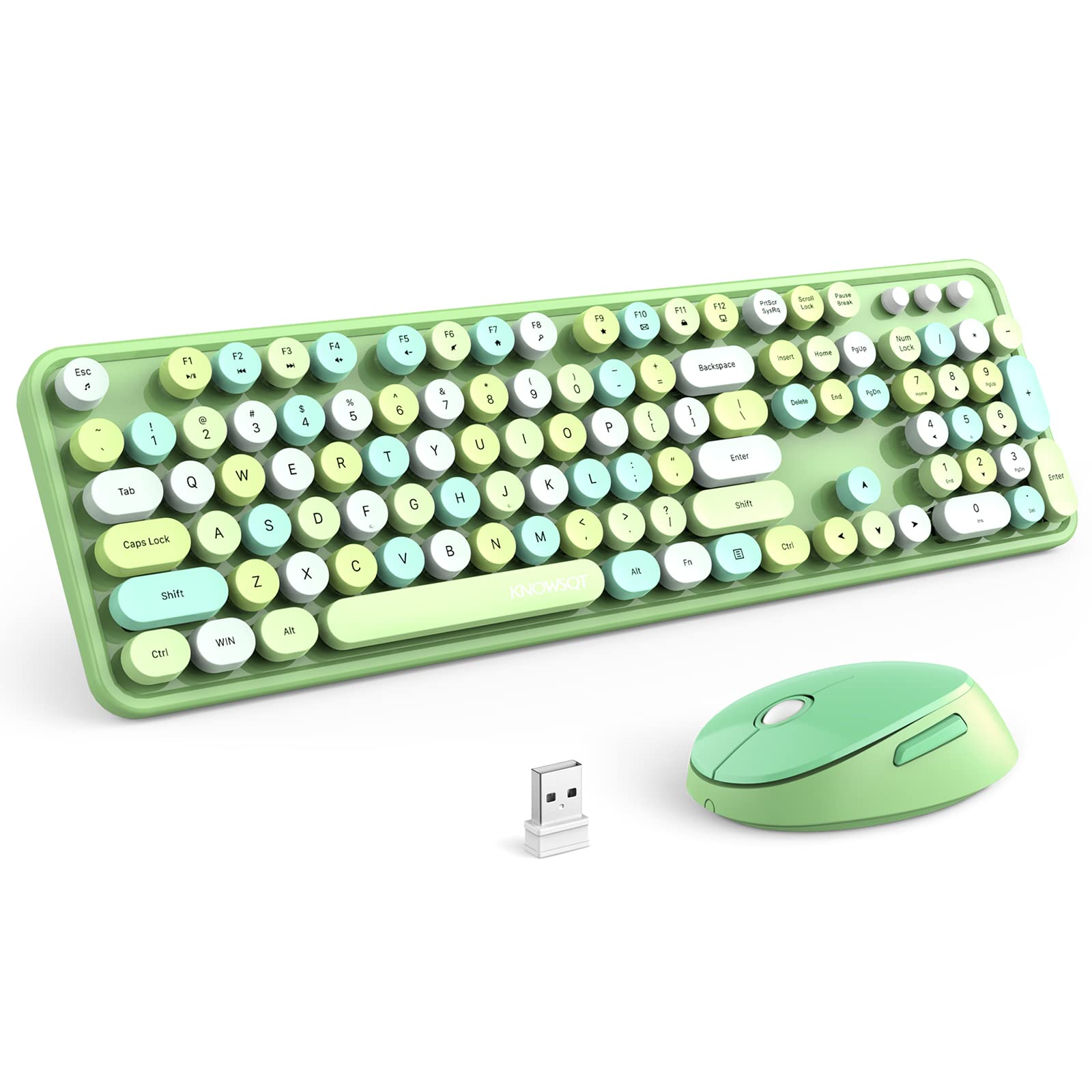 Knowsqt Wireless Keyboard And Mouse Combo, Green 104 Keys Full Sized 2.4 Ghz Round Keycap Colorful Keyboards, Usb Receiver Plug 