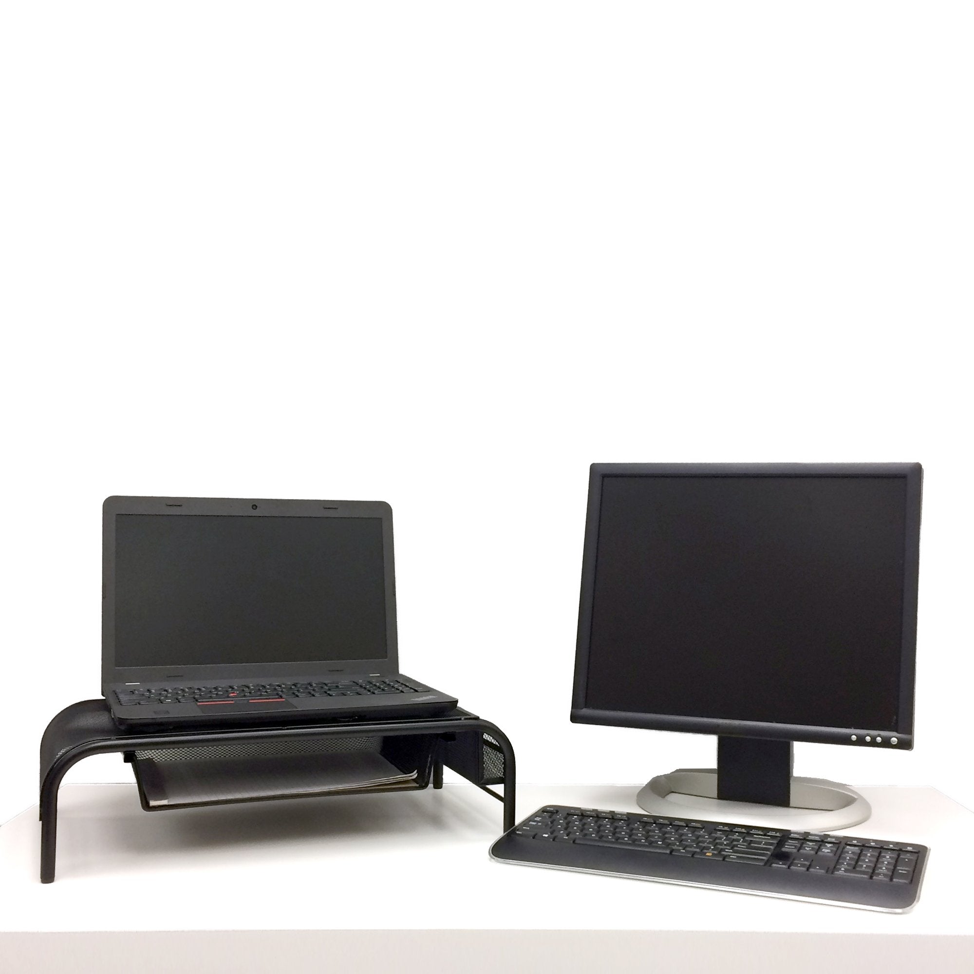 Mind Reader Monitor Stand, Ventilated Laptop Riser, Paper Tray, Storage, Office, Metal Mesh, 20''L X 11.5''W X 5.5''H, Black