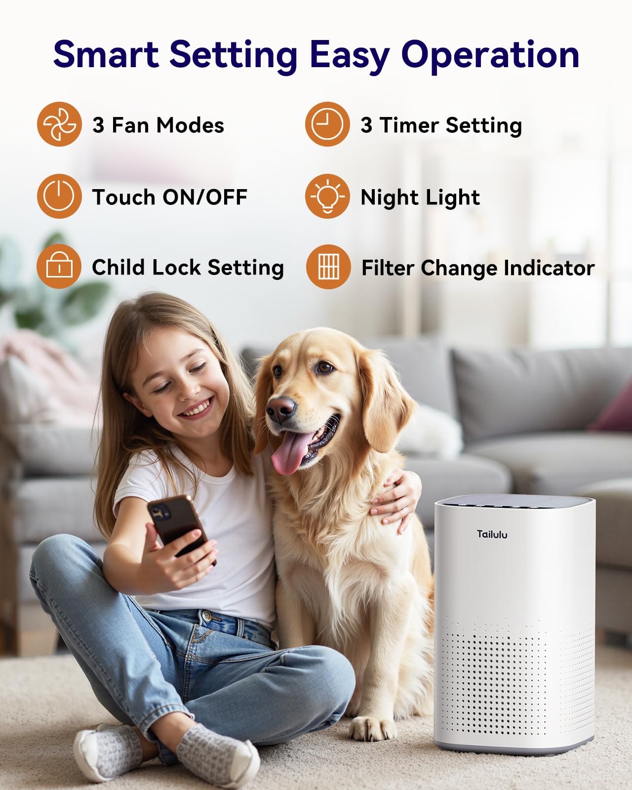 Air Purifiers For Home Large Room Up To 1500Ft, Tailulu H13 True Hepa Air Purifier For Pets Dust Odor Smoke, Air Purifier For Be