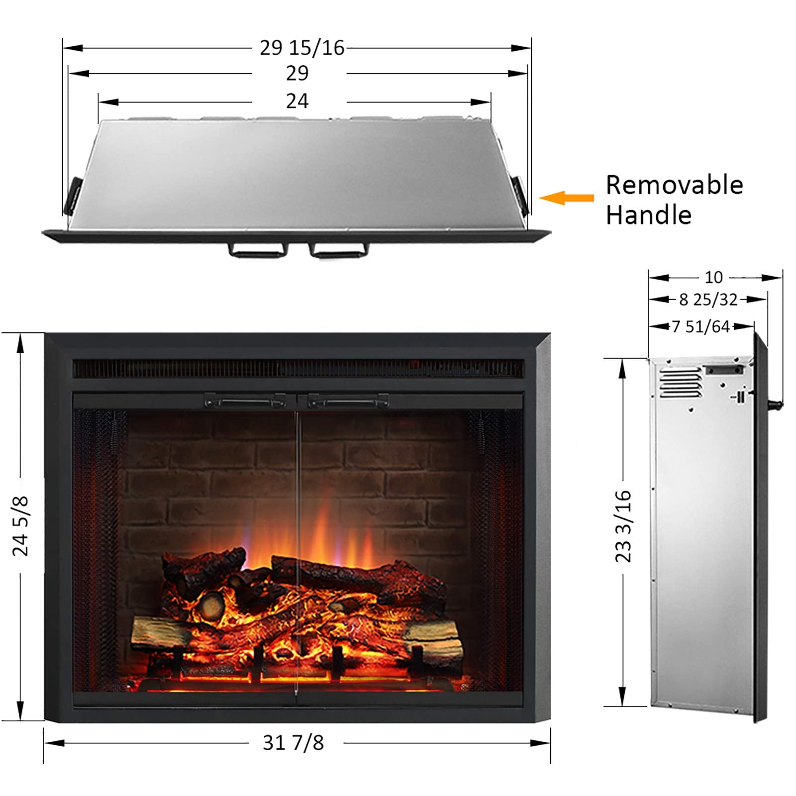 Puraflame Klaus Electric Fireplace Insert With Fire Crackling Sound, Glass Door And Mesh Screen, 750/1500W, Black, 29 15/16 Inch