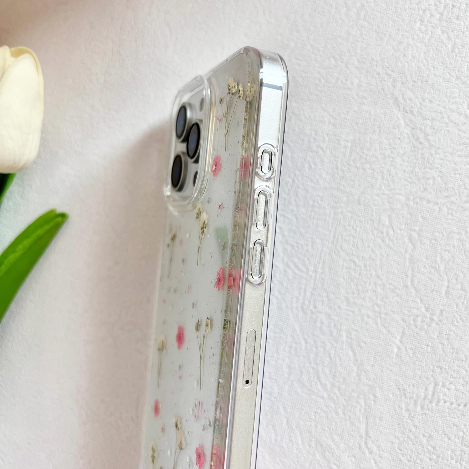 Lseeka For Iphone 16 Pro Clear Case With Pressed Real Flowers Design,Glitter Cute Pink Floral Pattern Slim Soft Tpu Protective W