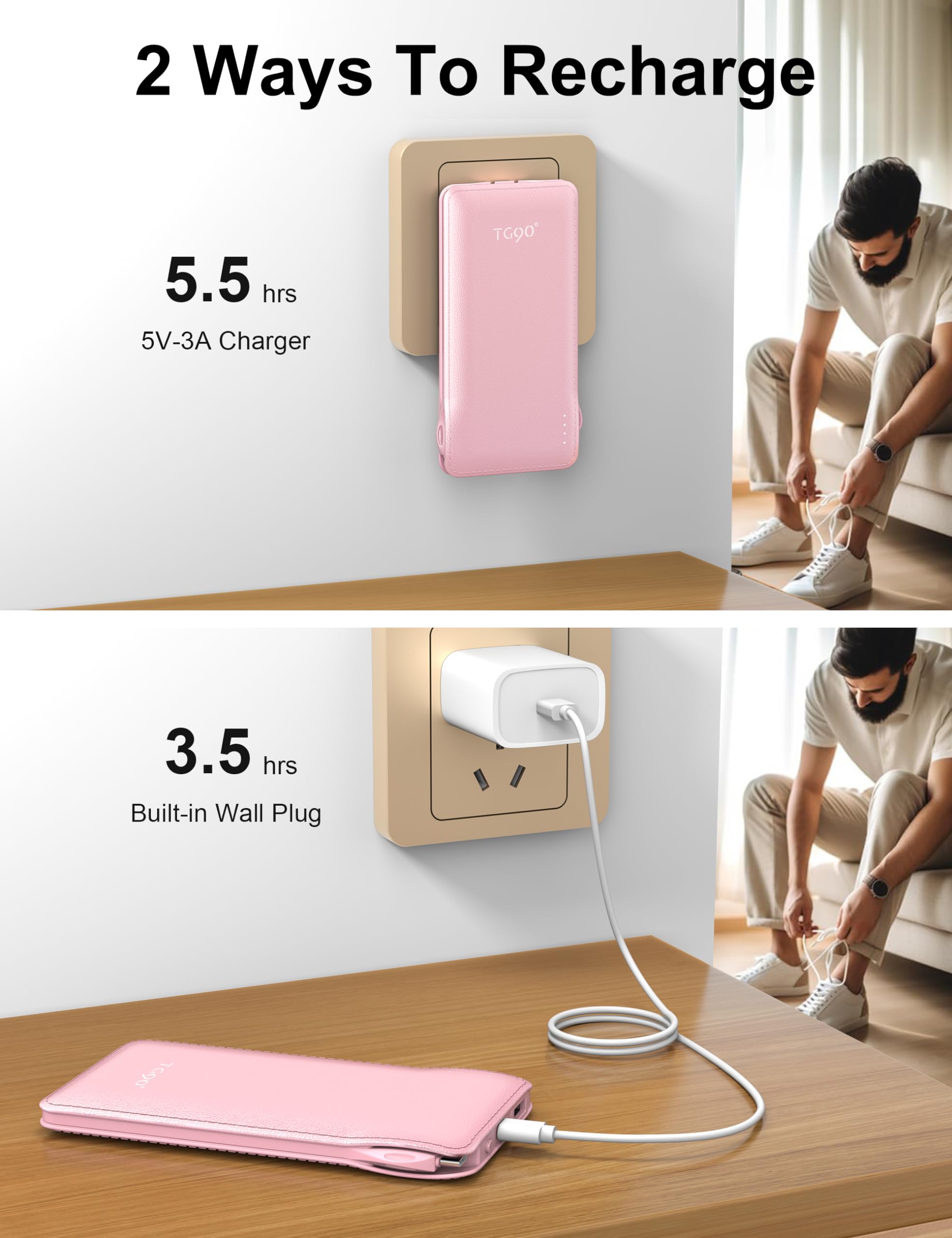 Tg90 10000Mah External Battery Pack With Built In Foldable Ac Wall Plug, Compact Cell Phone Charger With Cables Power Bank Compa