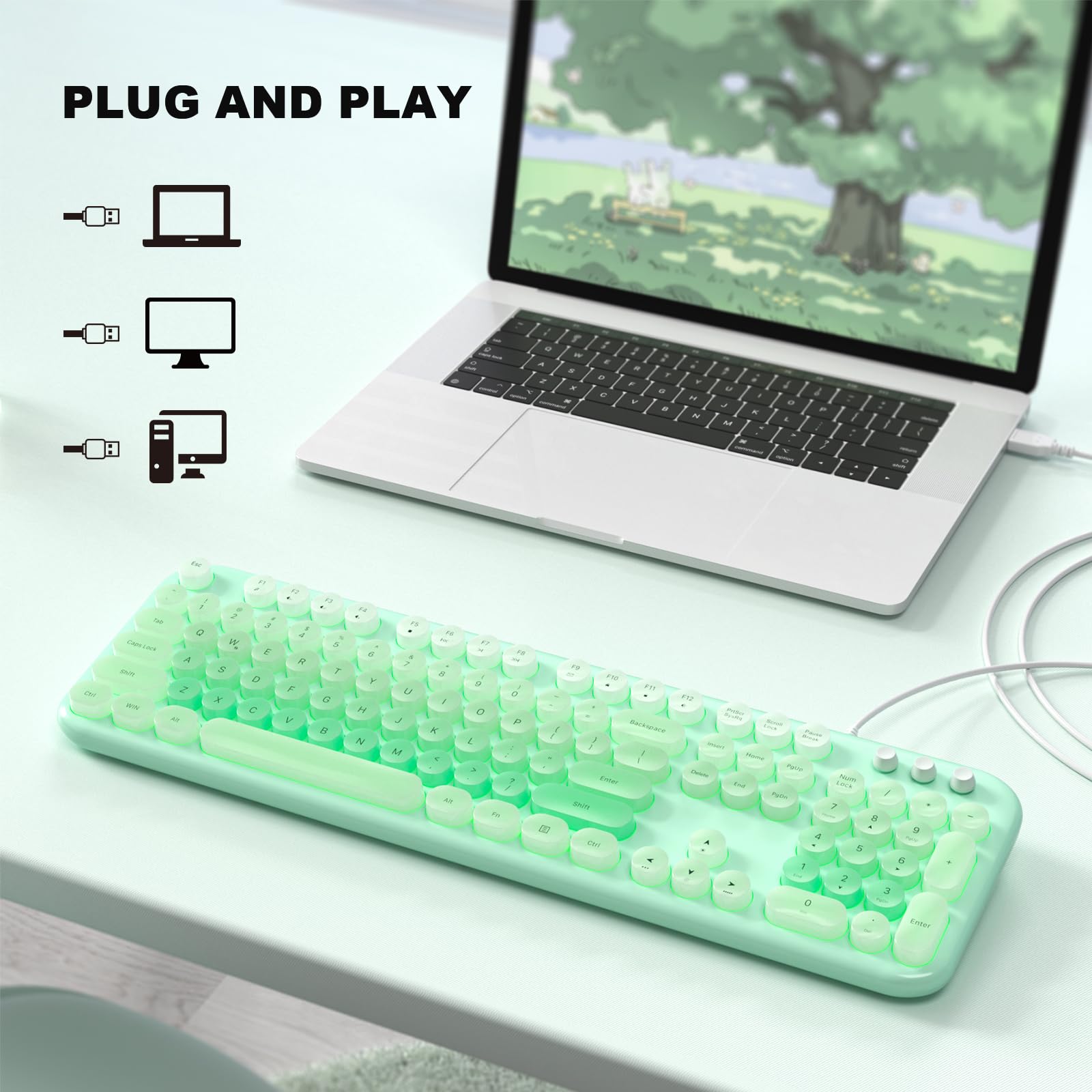 Wired Keyboard With Backlit, Light Up Computer Keyboards With Multimedia Keys, Full Size Wired Keyboard With Illuminated Led, Pl