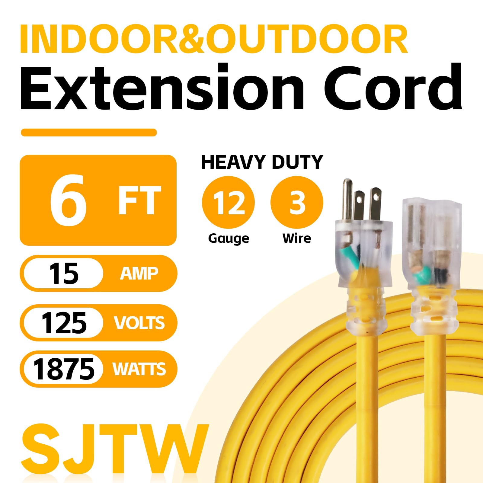 Ultra Explorer Indoor Extension Cord Waterproof 6 Ft, 12 Gauge Heavy Duty Yellow Extension Cord Sjtw, Flexible Cold Resistant 3