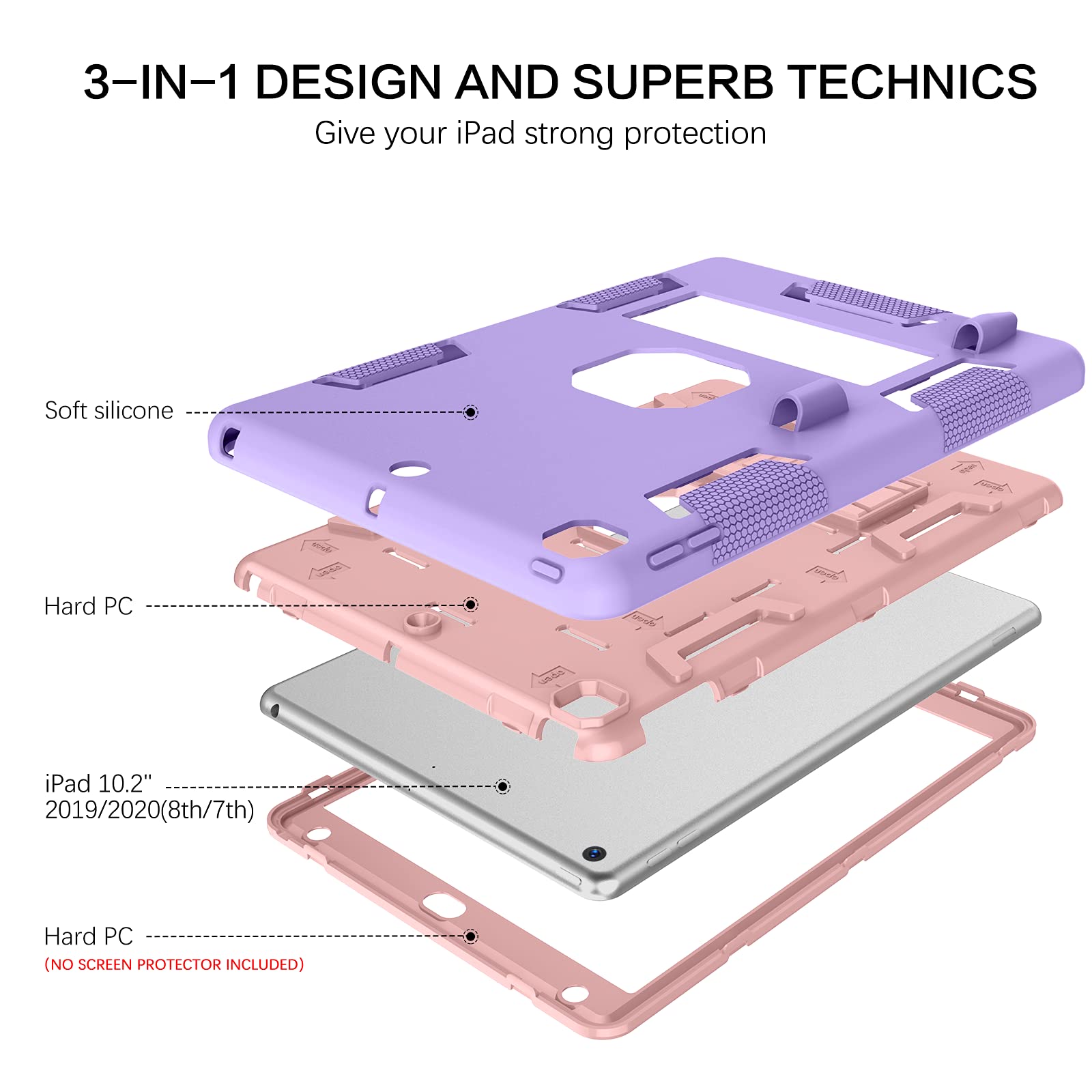 Veningo Case For Ipad 7Th/8Th/9Th Generation, Ipad 10.2 2021/2020/2019, 3 In 1 Heavy Duty Rugged Shockproof Protective Tablet Co