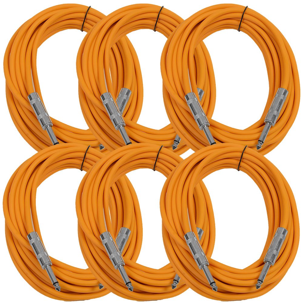 Seismic Audio - SASTSX-25 (6 Pack) - 25 Foot TS 1/4 Guitar, Instrument, or Patch Cables Orange