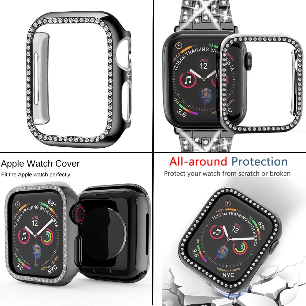 Supoix Compatible With Apple Watch Band 45Mm + Case, Women Jewelry Bling Diamond Replacement Metal Strap & Soft Tpu Bumper Prote