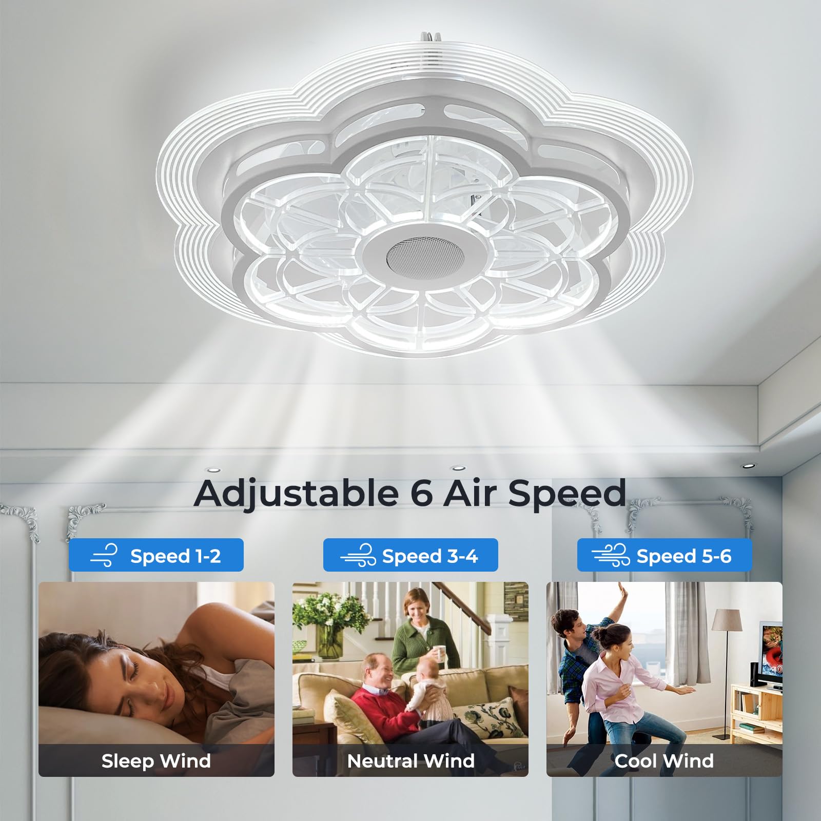Ceiling Fan With Lights Remote Control, Enclosed Flower Light Fan, With Bluetooth Speaker 3 Colors Dimmable 6 Speeds, Flush Moun