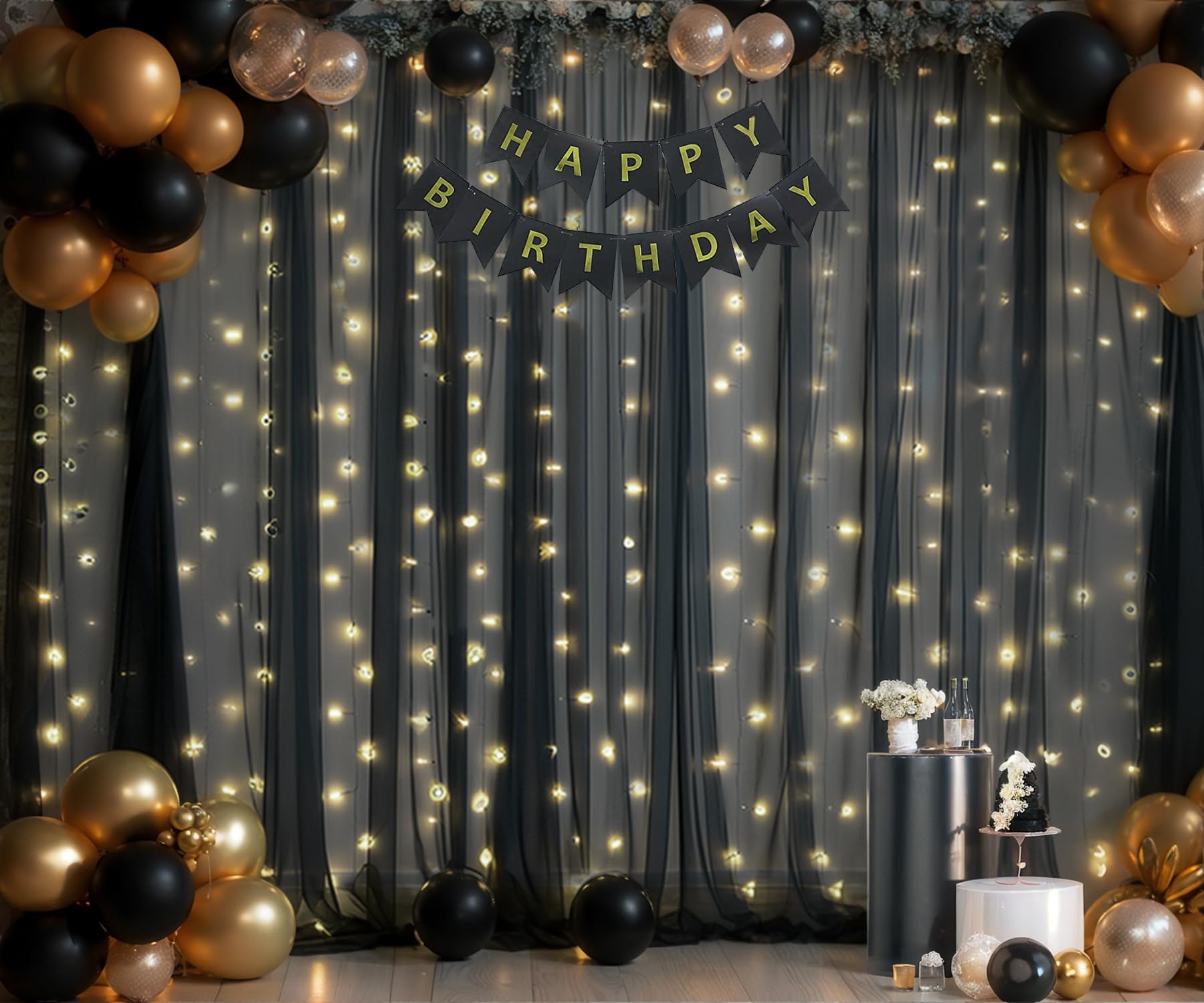 10Ft X 10Ft Black Tulle Photo Backdrop Curtain With Lights String For Parties Sheer Black Curtain Backdrop For Birthday Party Ba