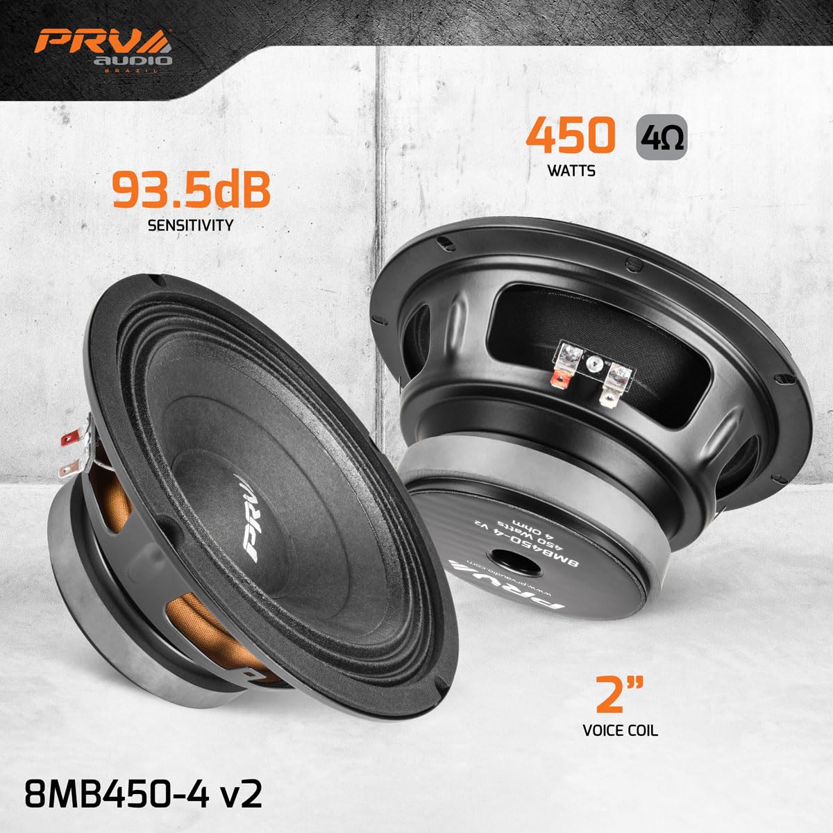 Prv Audio 8Mb450 4 V2 8'' Mid Bass 4 Ohms Pro Audio Speaker 93.5Db 450 Watts 2'' Vc (Single)