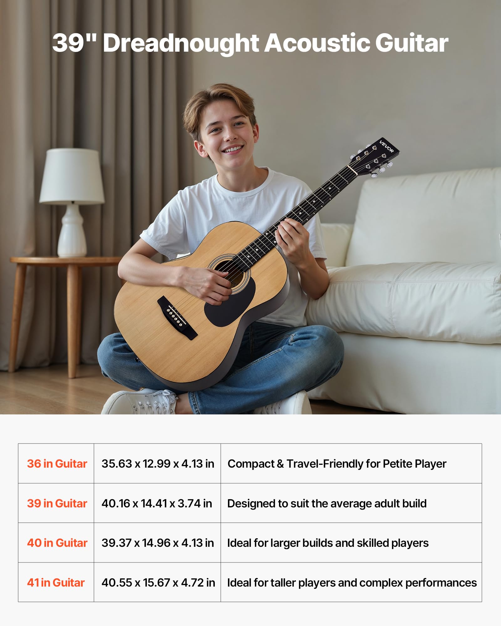 Vevor Dreadnought Acoustic Guitar, 39 In, 6-String Natural Solid Spruce Top Guitar, Portable Bundle With Gig Bag, Tuner, Strap,